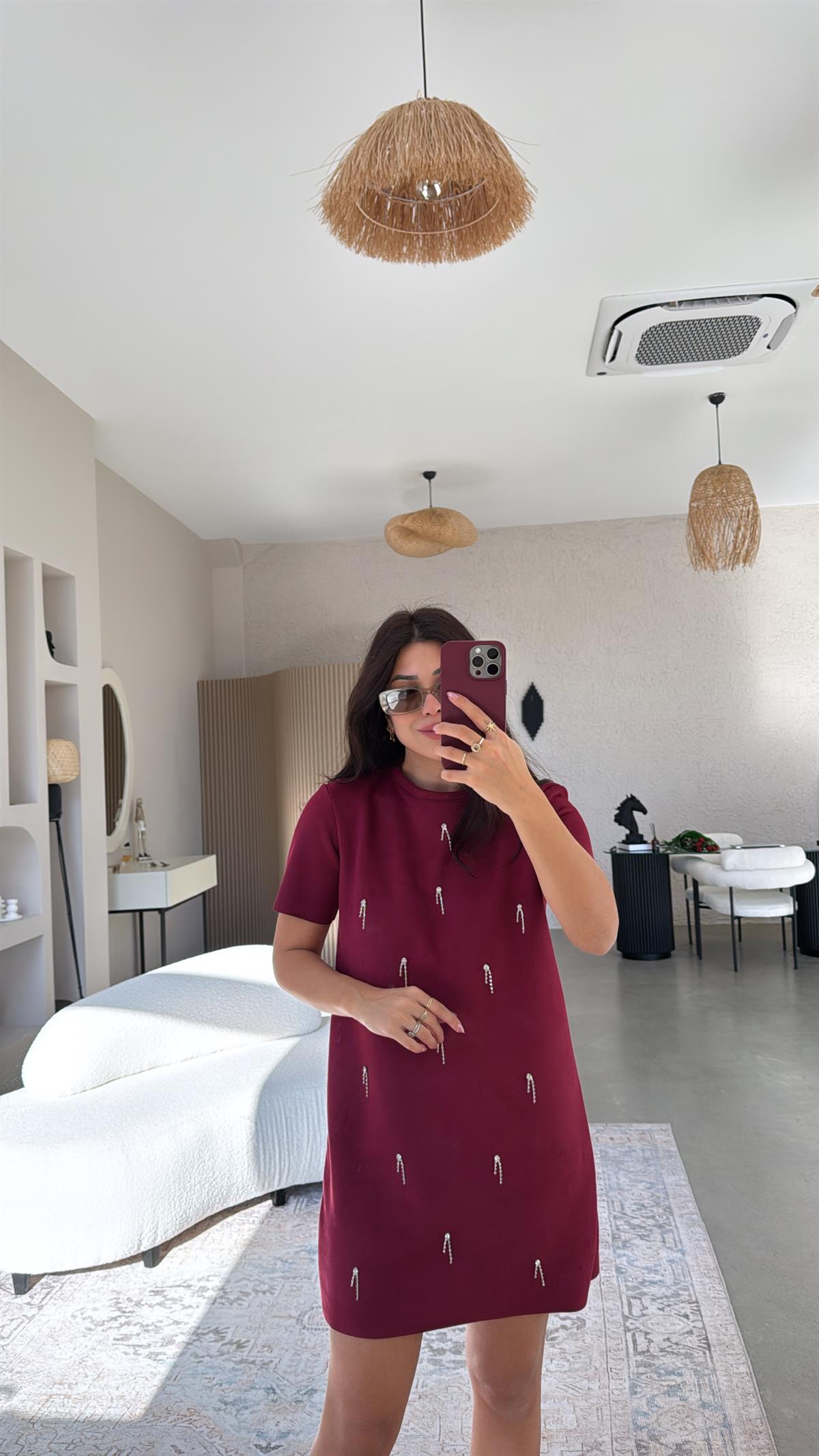 Bordo Çubuk Taş Sallantılı Elbise