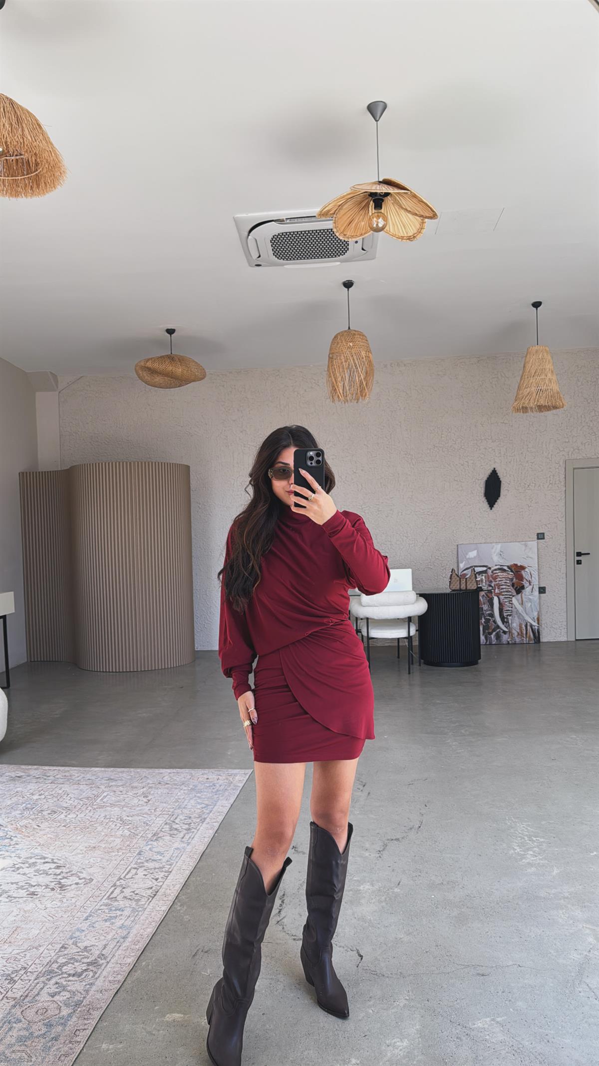 Bordo Dik Yaka Drapeli Modal Elbise