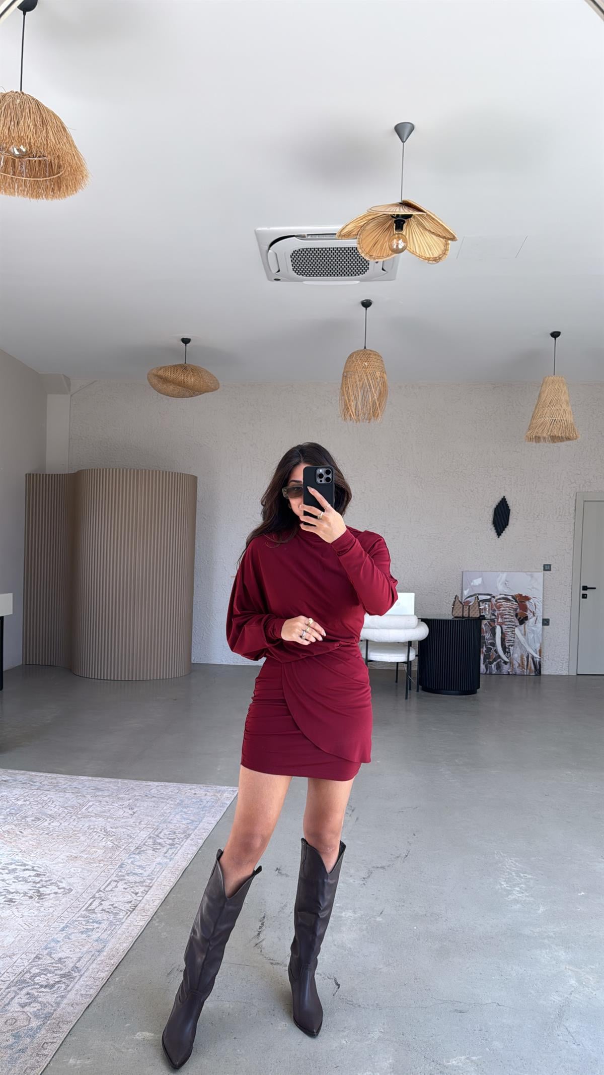 Bordo Dik Yaka Drapeli Modal Elbise