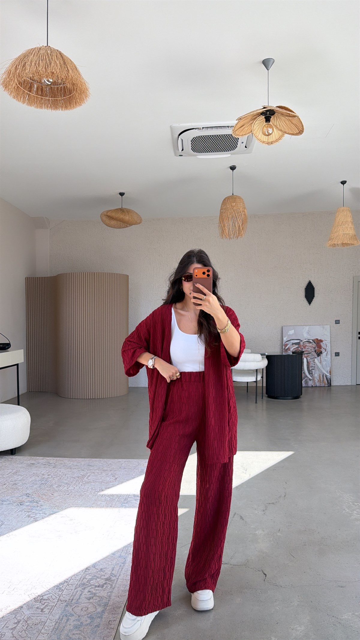 Bordo Dokulu Ceketli Takım