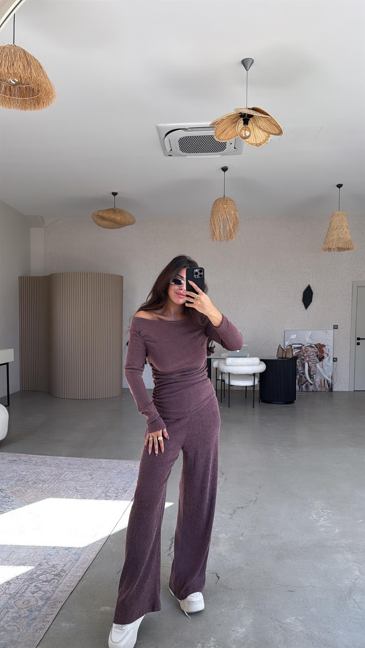 Bordo Drape Detay Kayık Yaka Bürümcük Takım