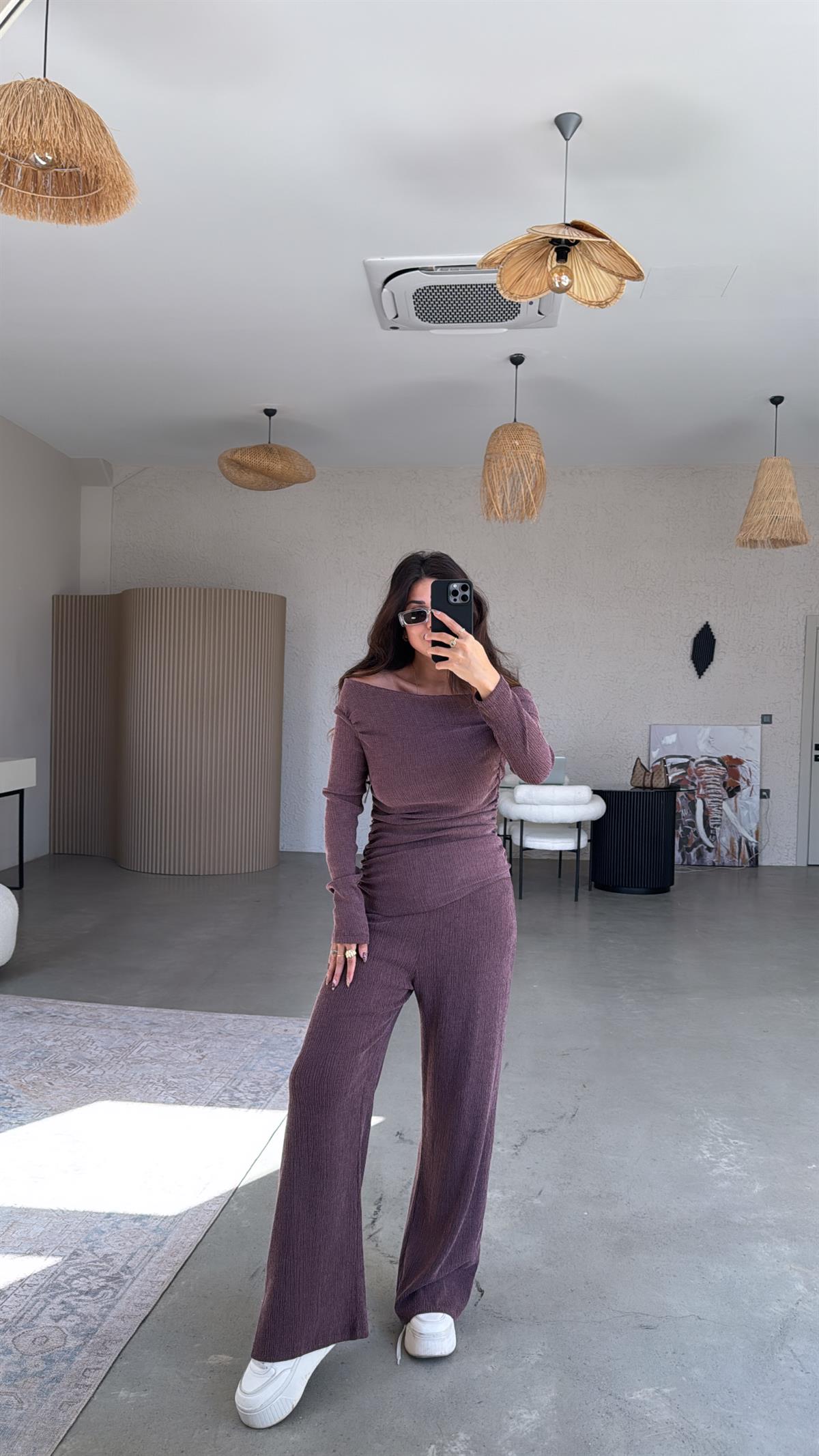 Bordo Drape Detay Kayık Yaka Bürümcük Takım