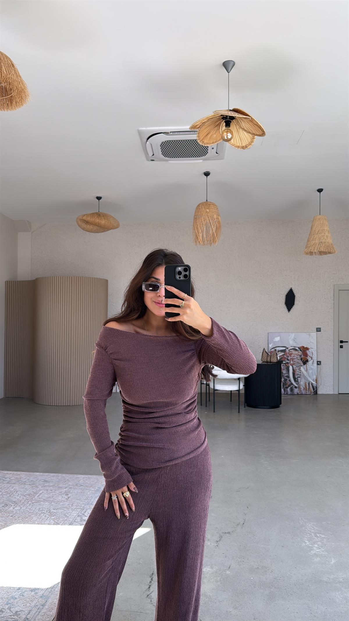 Bordo Drape Detay Kayık Yaka Bürümcük Takım