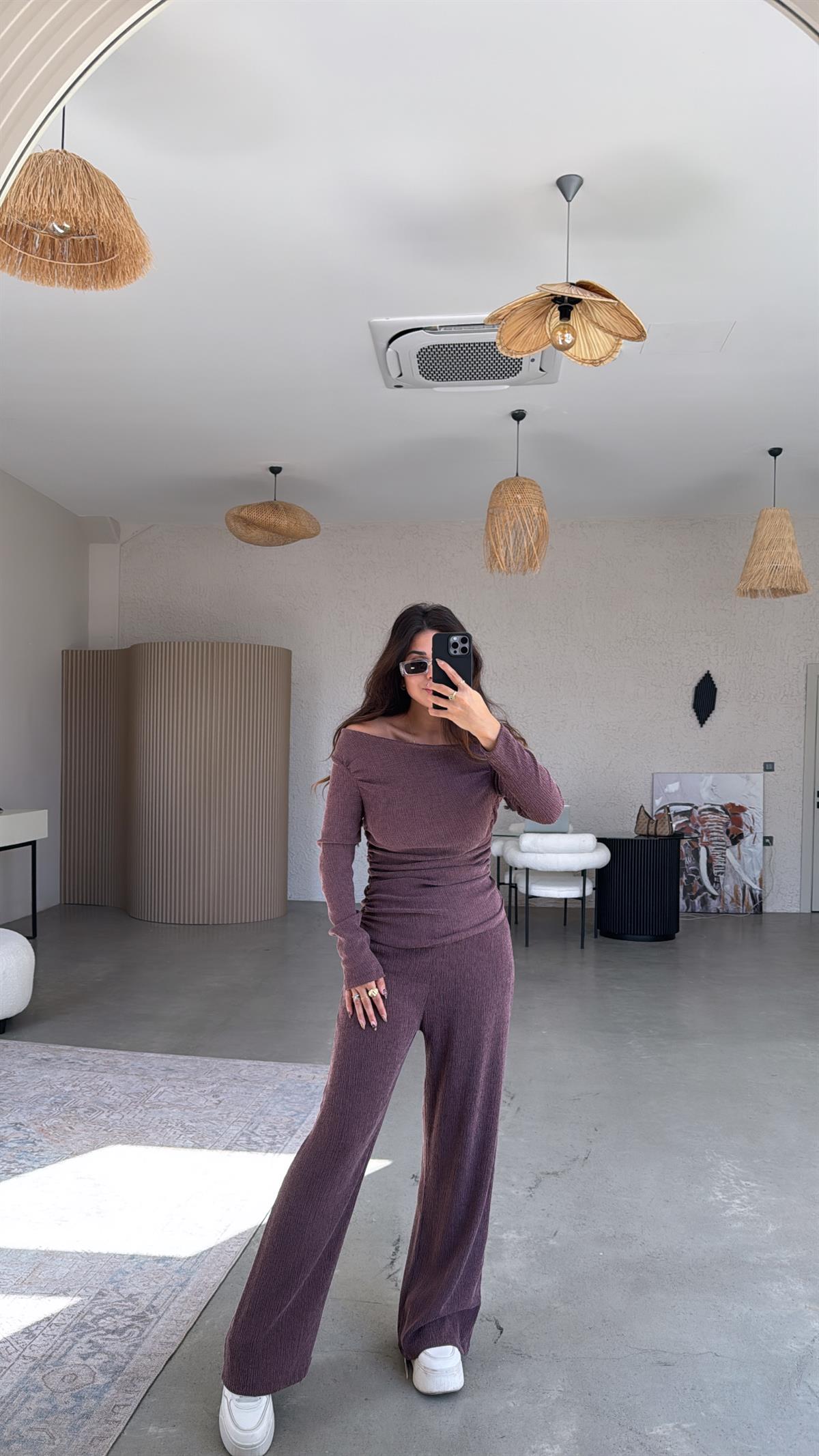 Bordo Drape Detay Kayık Yaka Bürümcük Takım