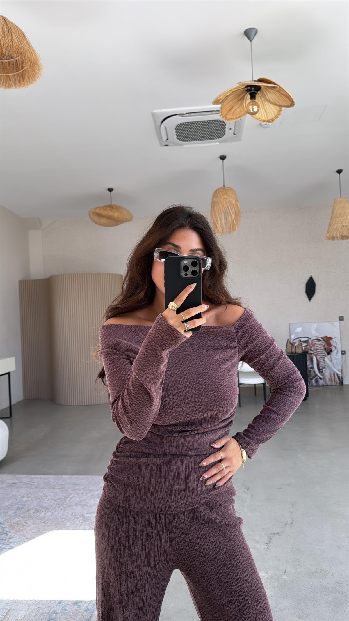 Bordo Drape Detay Kayık Yaka Bürümcük Takım