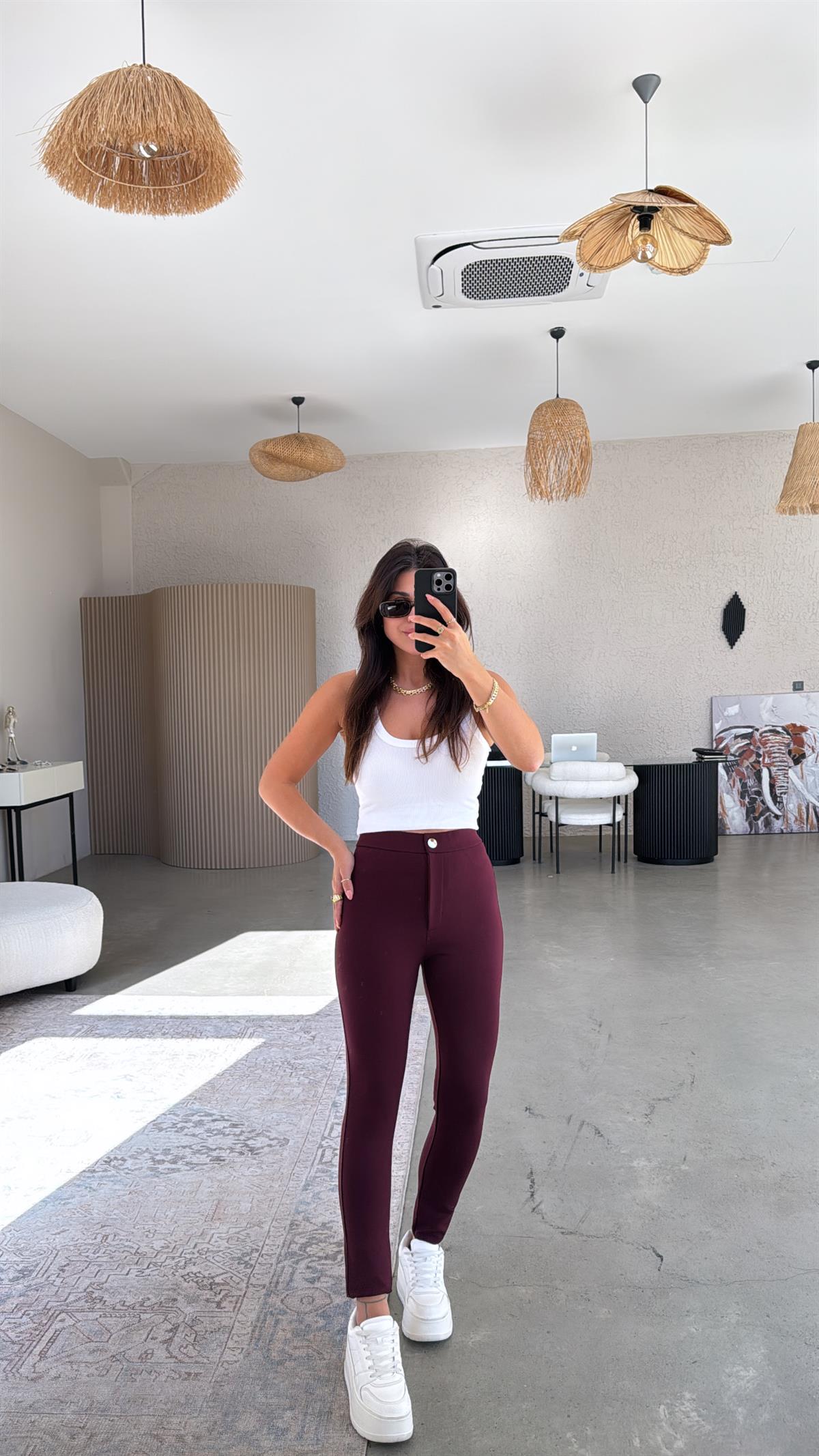 Bordo Düğmeli Çelik Tayt Pantolon