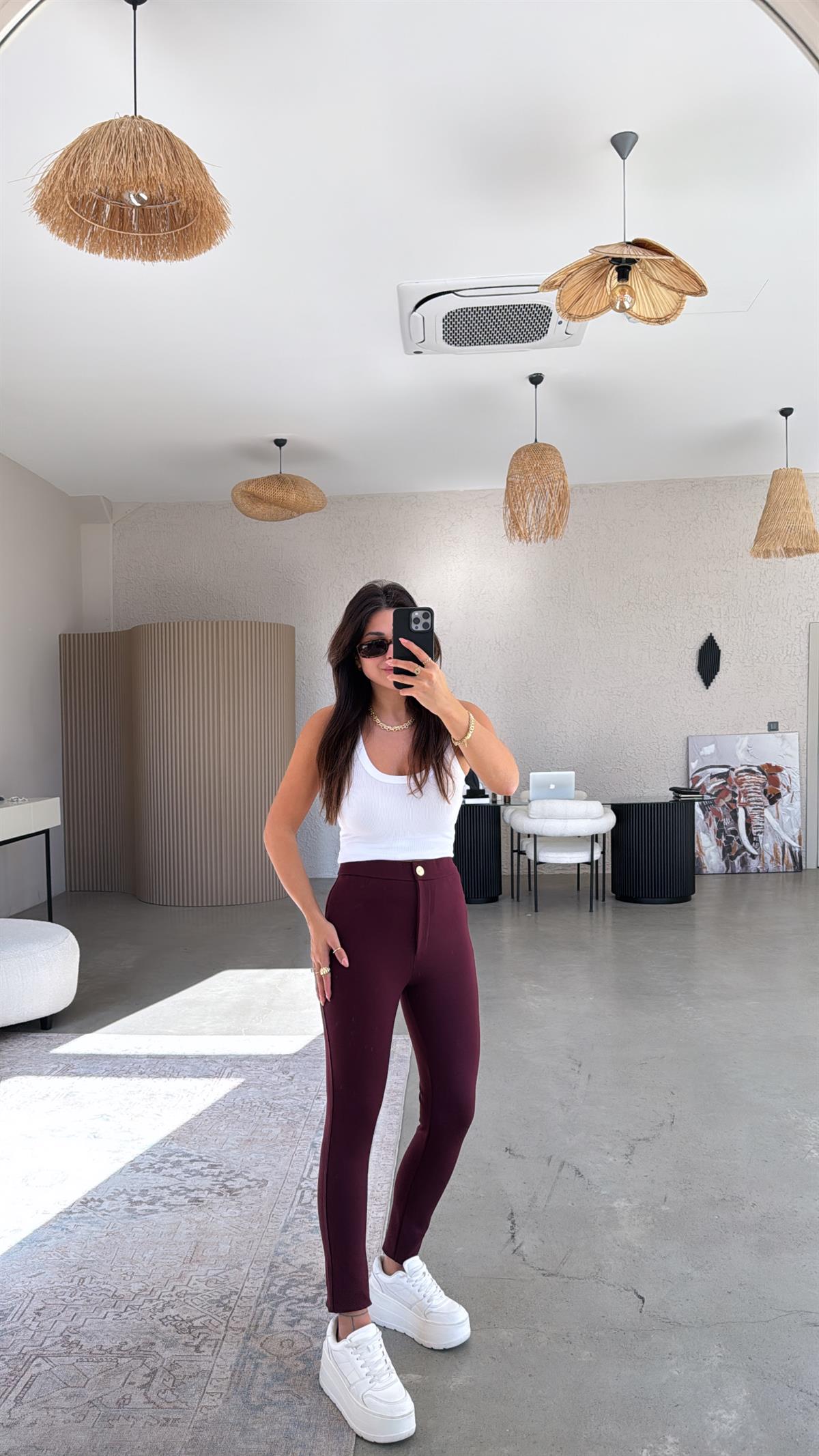 Bordo Düğmeli Çelik Tayt Pantolon