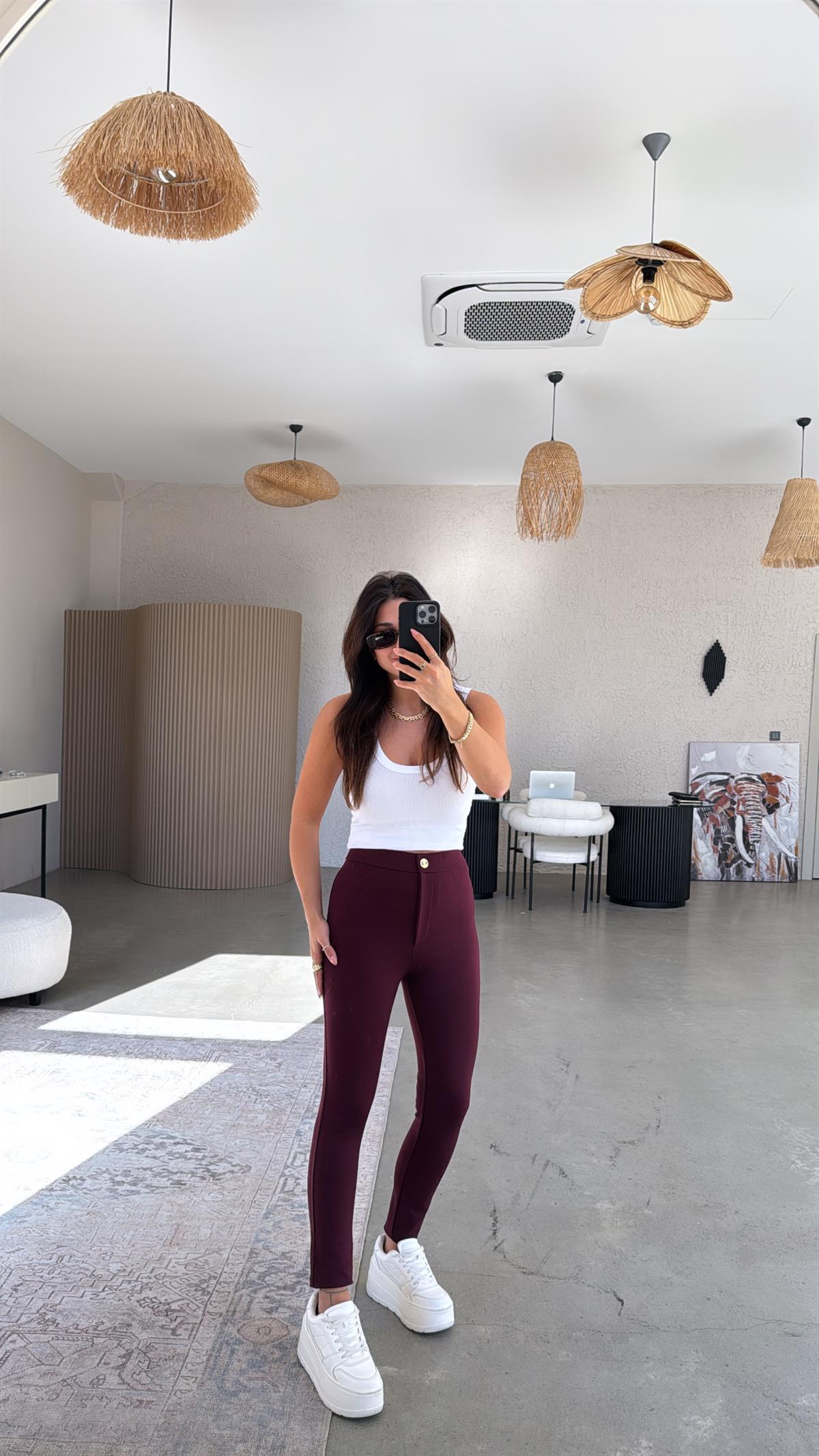 Bordo Düğmeli Çelik Tayt Pantolon