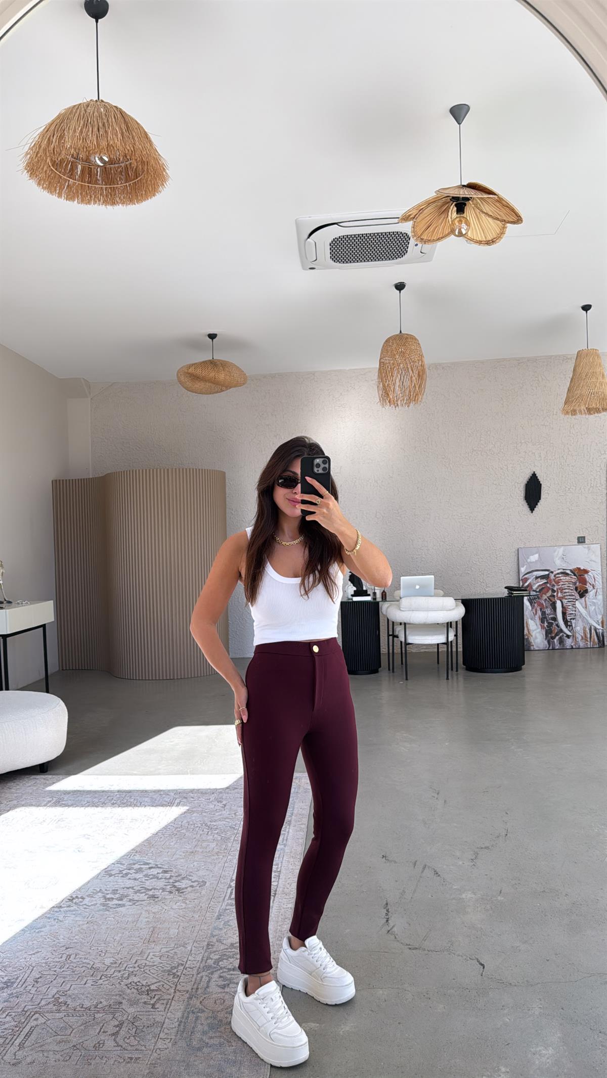 Bordo Düğmeli Çelik Tayt Pantolon