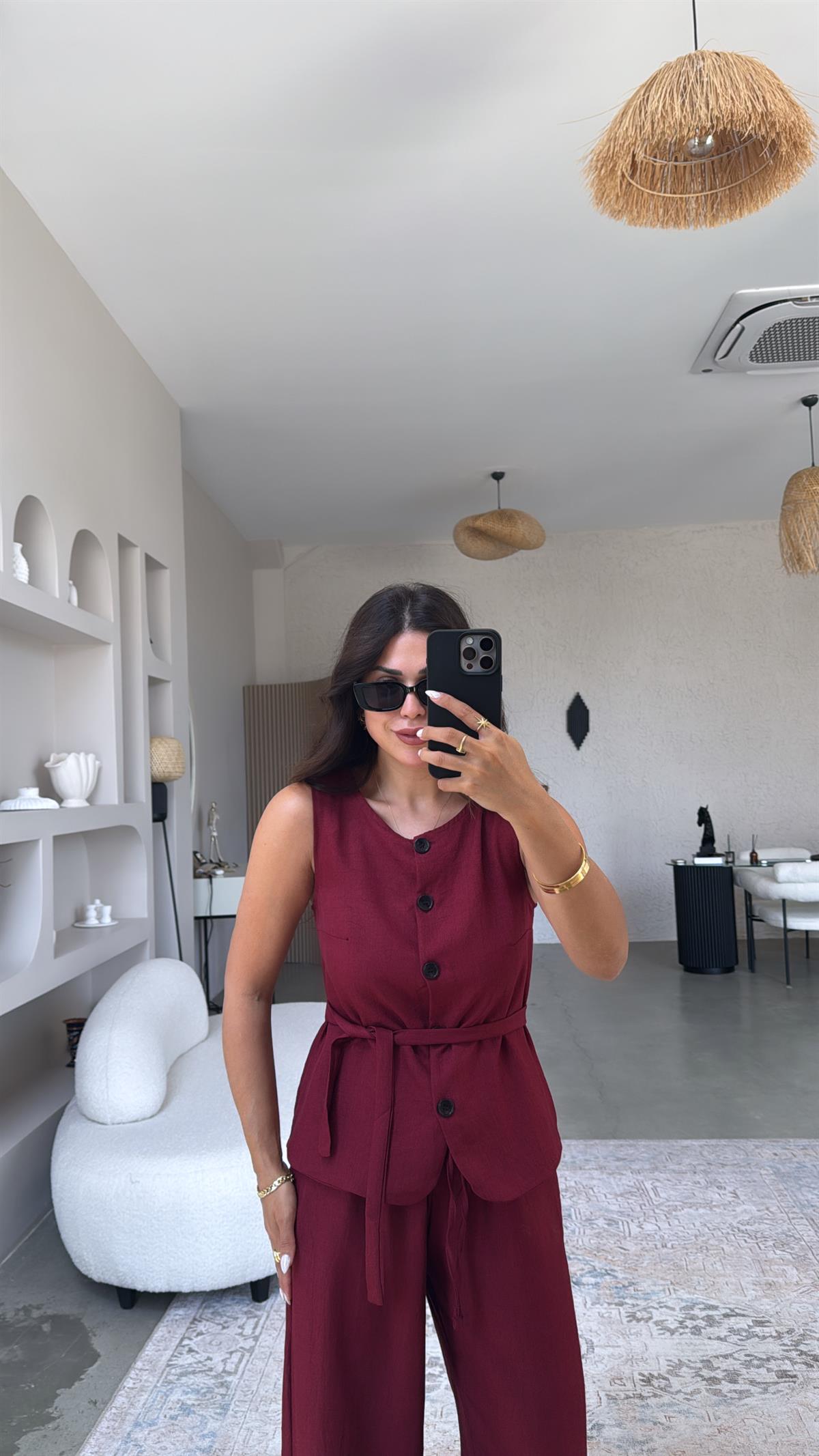 Bordo Düğmeli Yelekli Takım