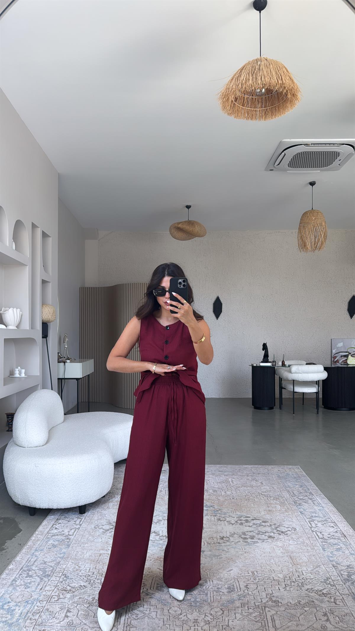 Bordo Düğmeli Yelekli Takım