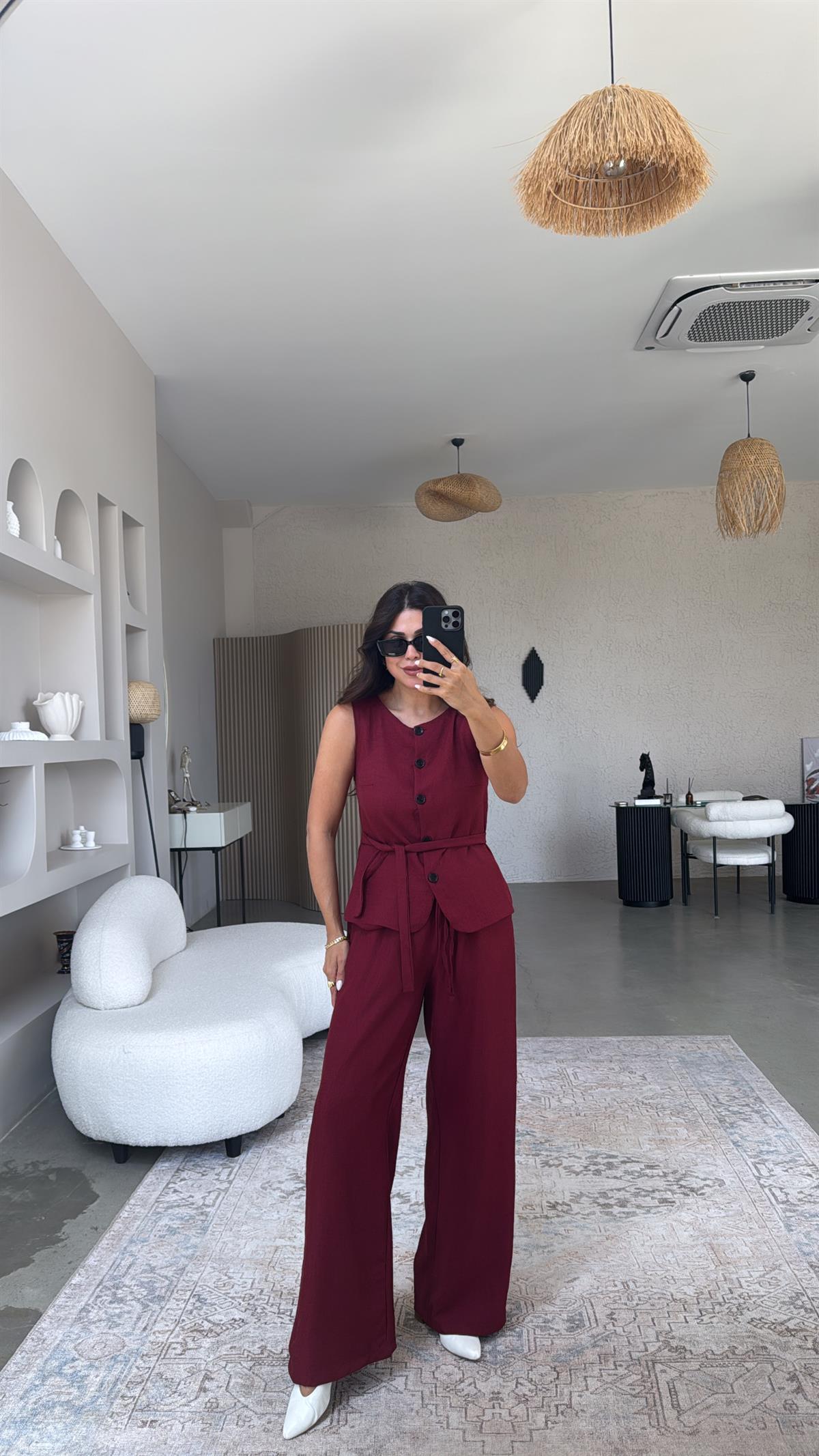 Bordo Düğmeli Yelekli Takım