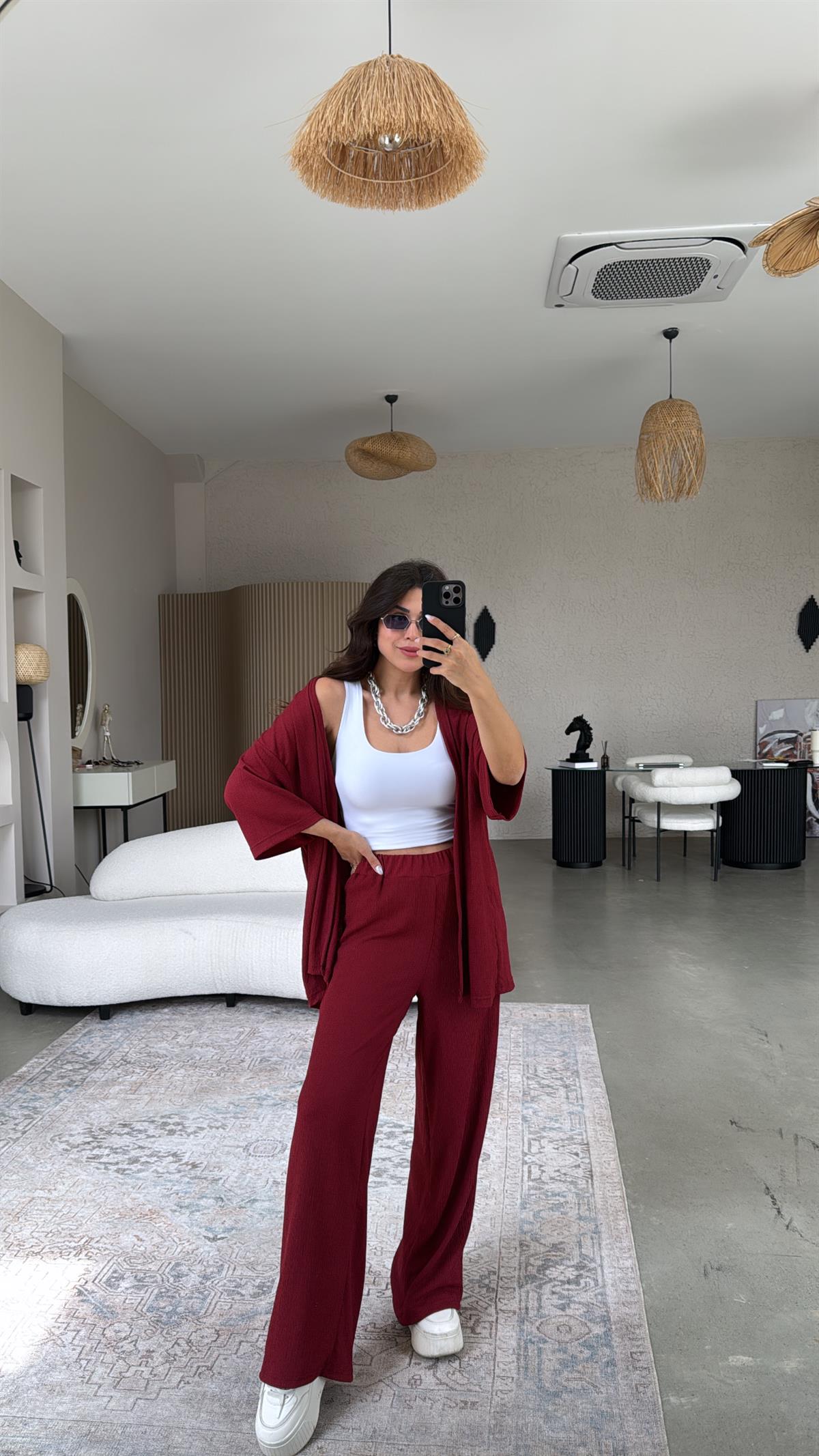 Bordo Düz Bürümcük Ceketli Takım