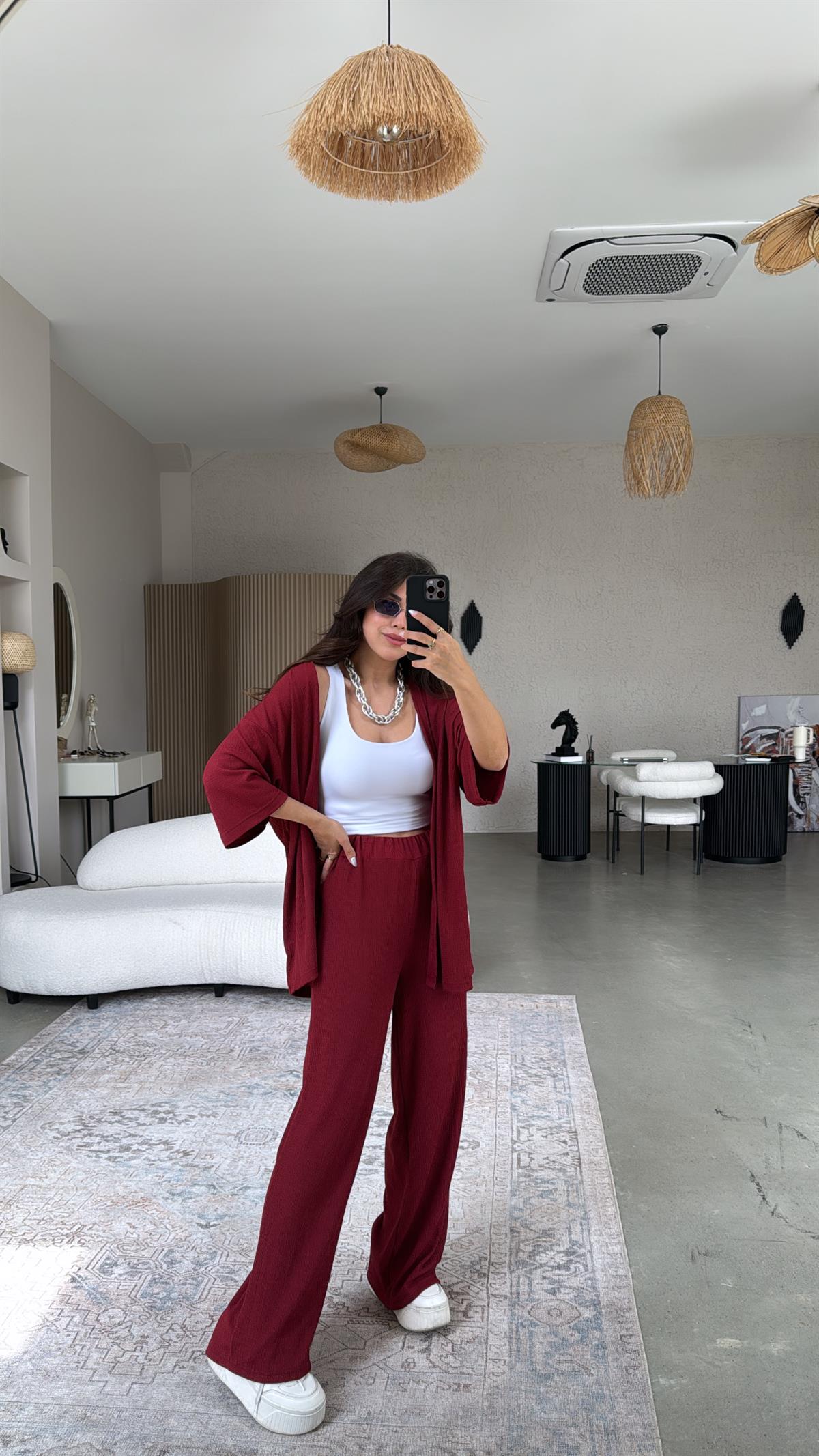 Bordo Düz Bürümcük Ceketli Takım