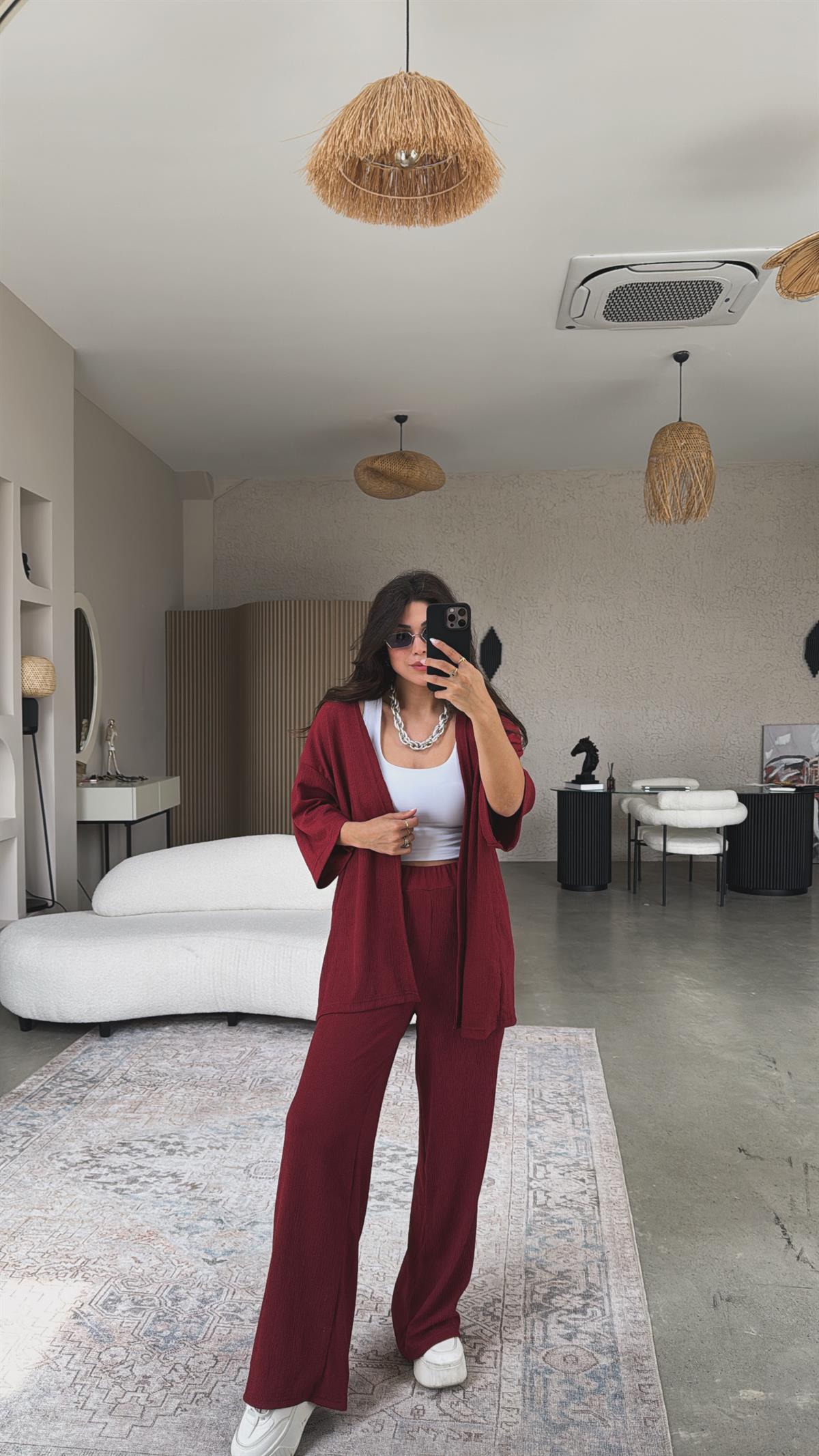 Bordo Düz Bürümcük Ceketli Takım