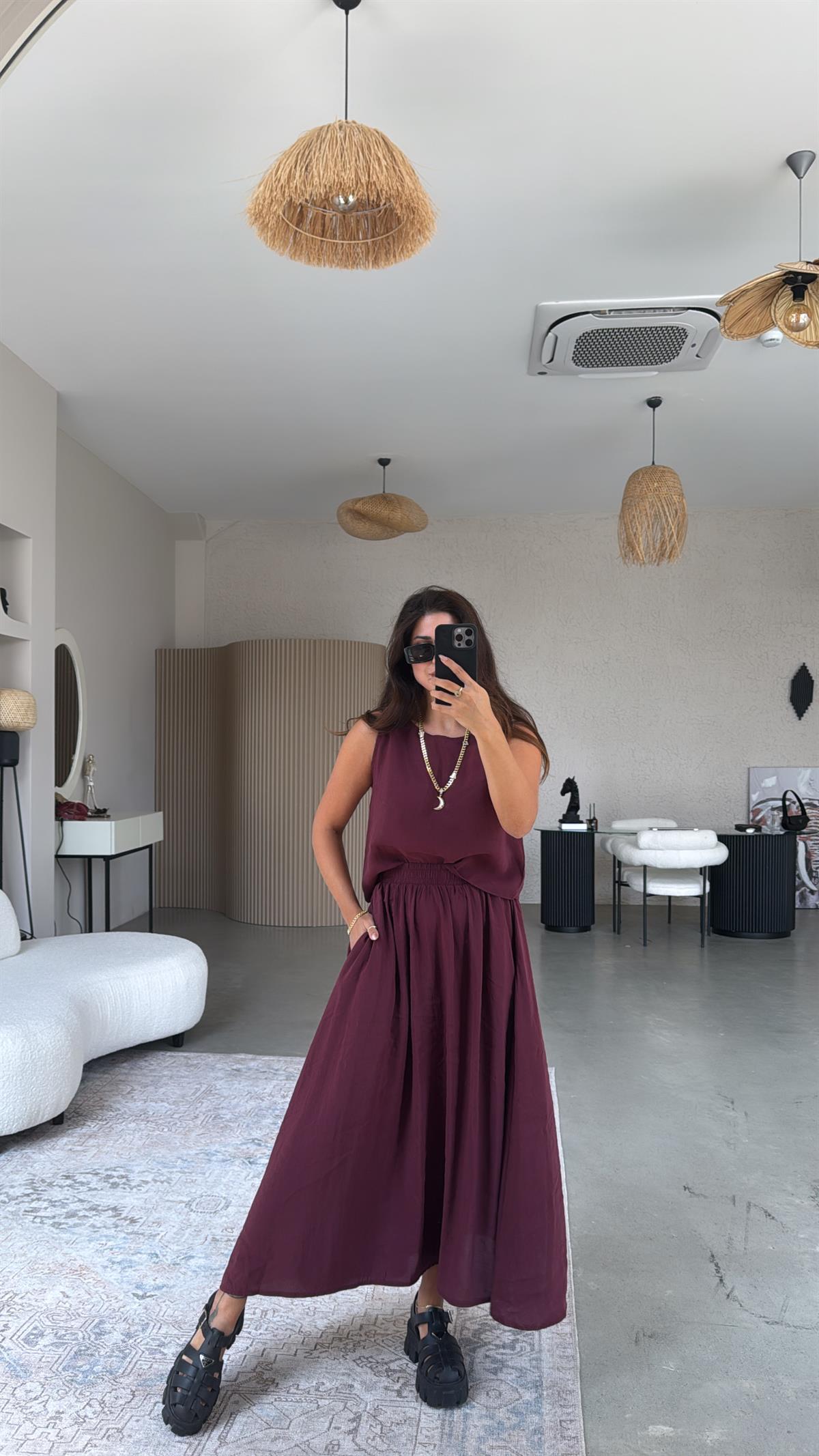 Bordo Etek Bluz Dökümlü Takım