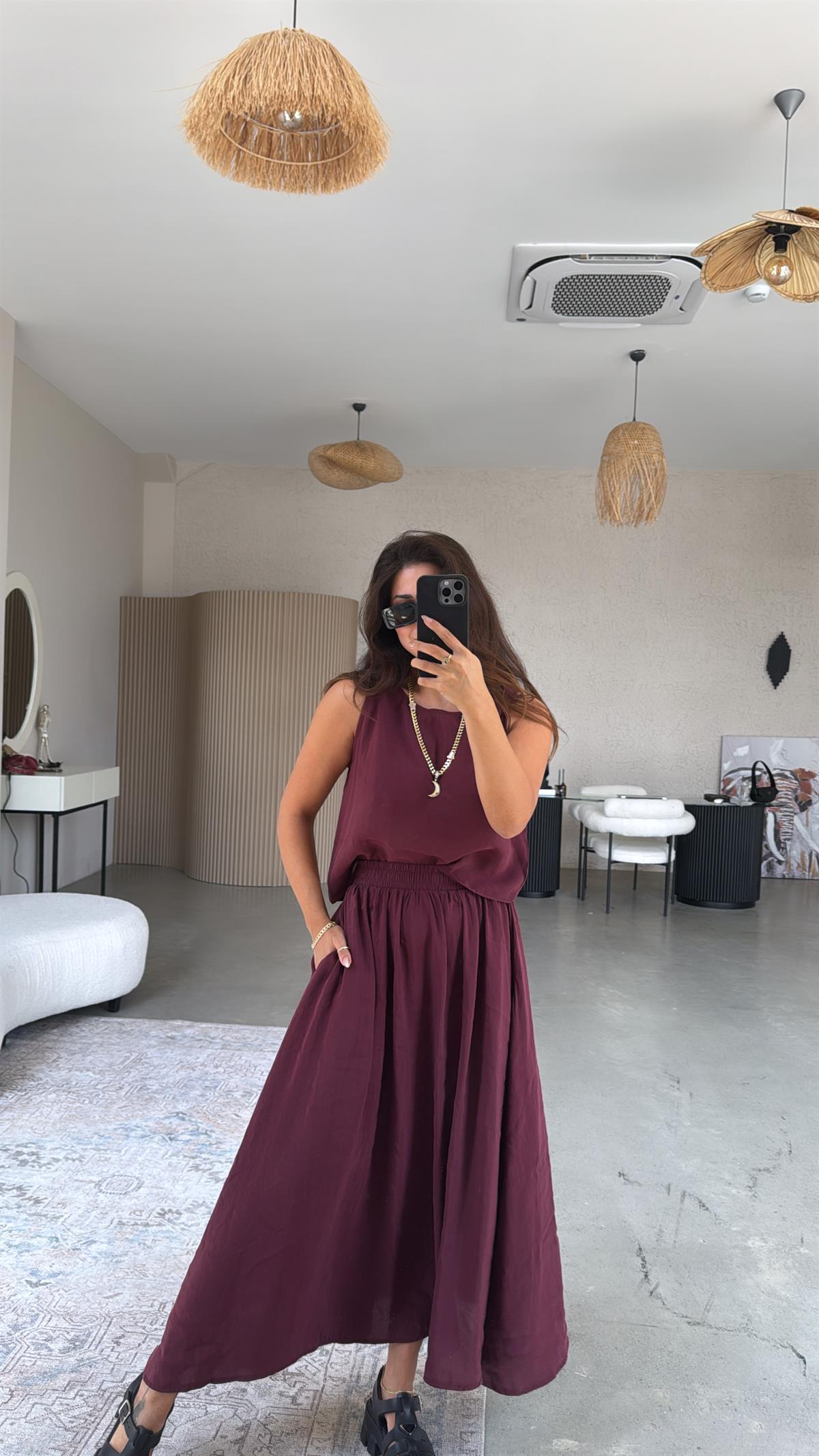 Bordo Etek Bluz Dökümlü Takım