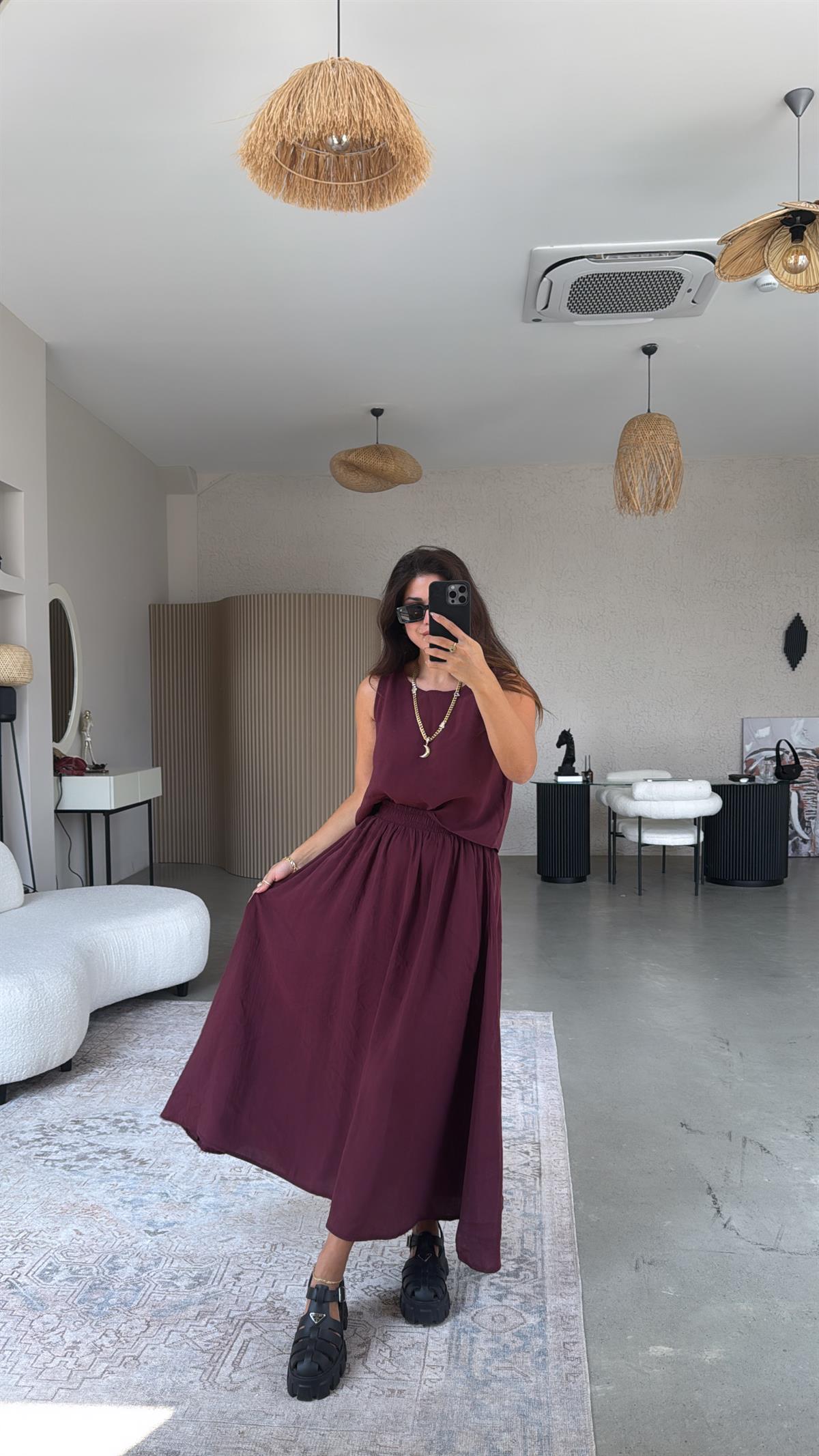 Bordo Etek Bluz Dökümlü Takım