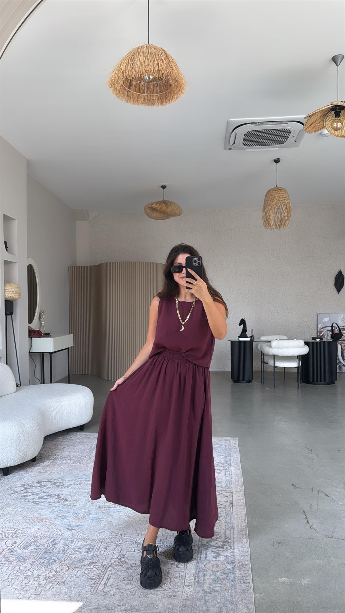 Bordo Etek Bluz Dökümlü Takım