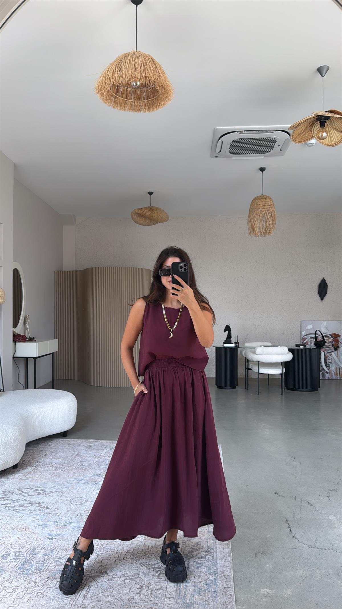 Bordo Etek Bluz Dökümlü Takım