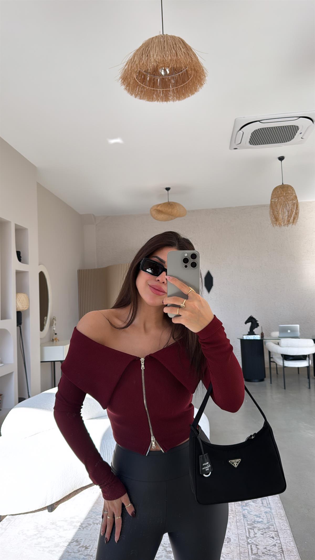 Bordo Fermuar Detaylı Madonna Bluz