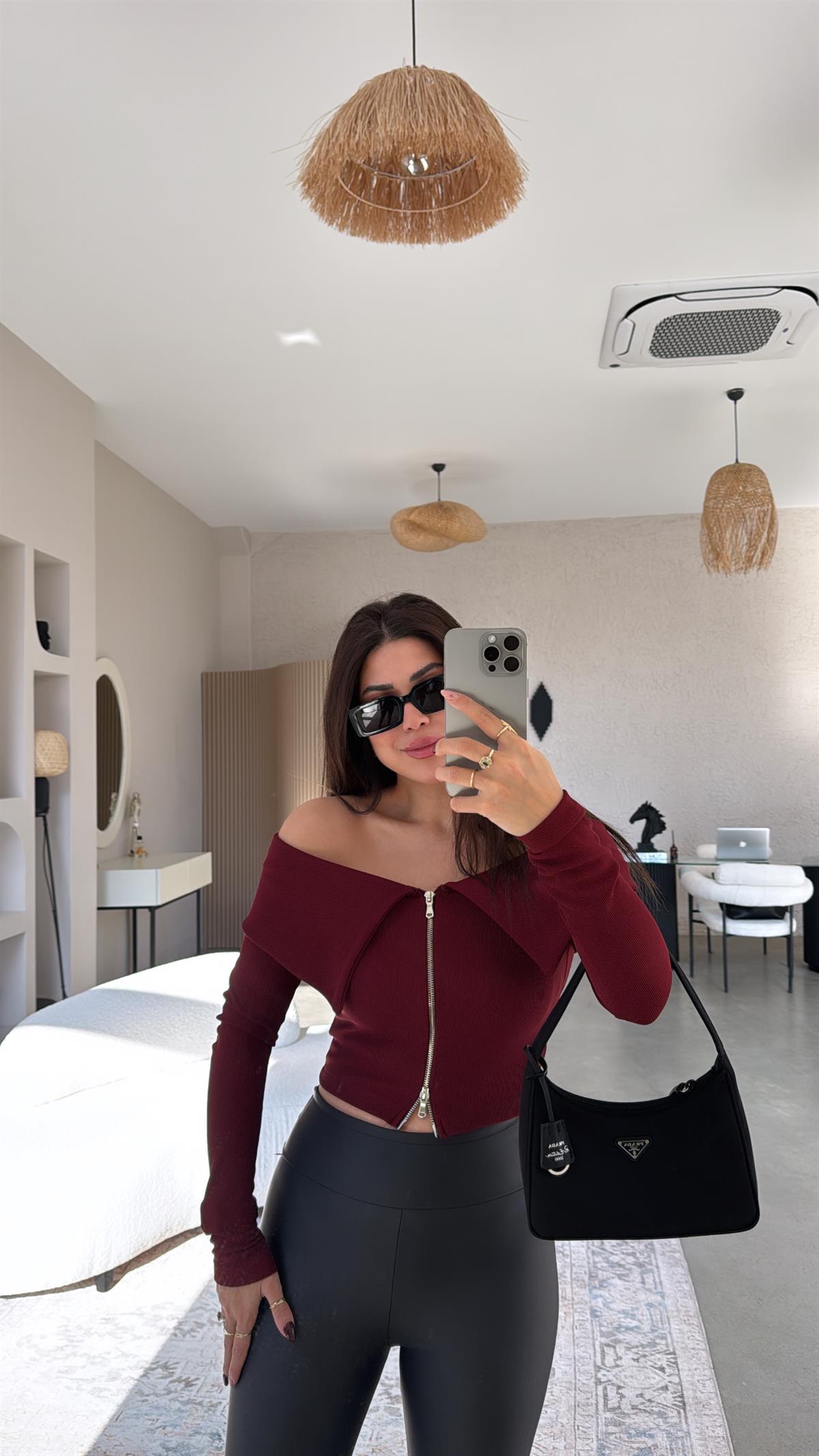 Bordo Fermuar Detaylı Madonna Bluz