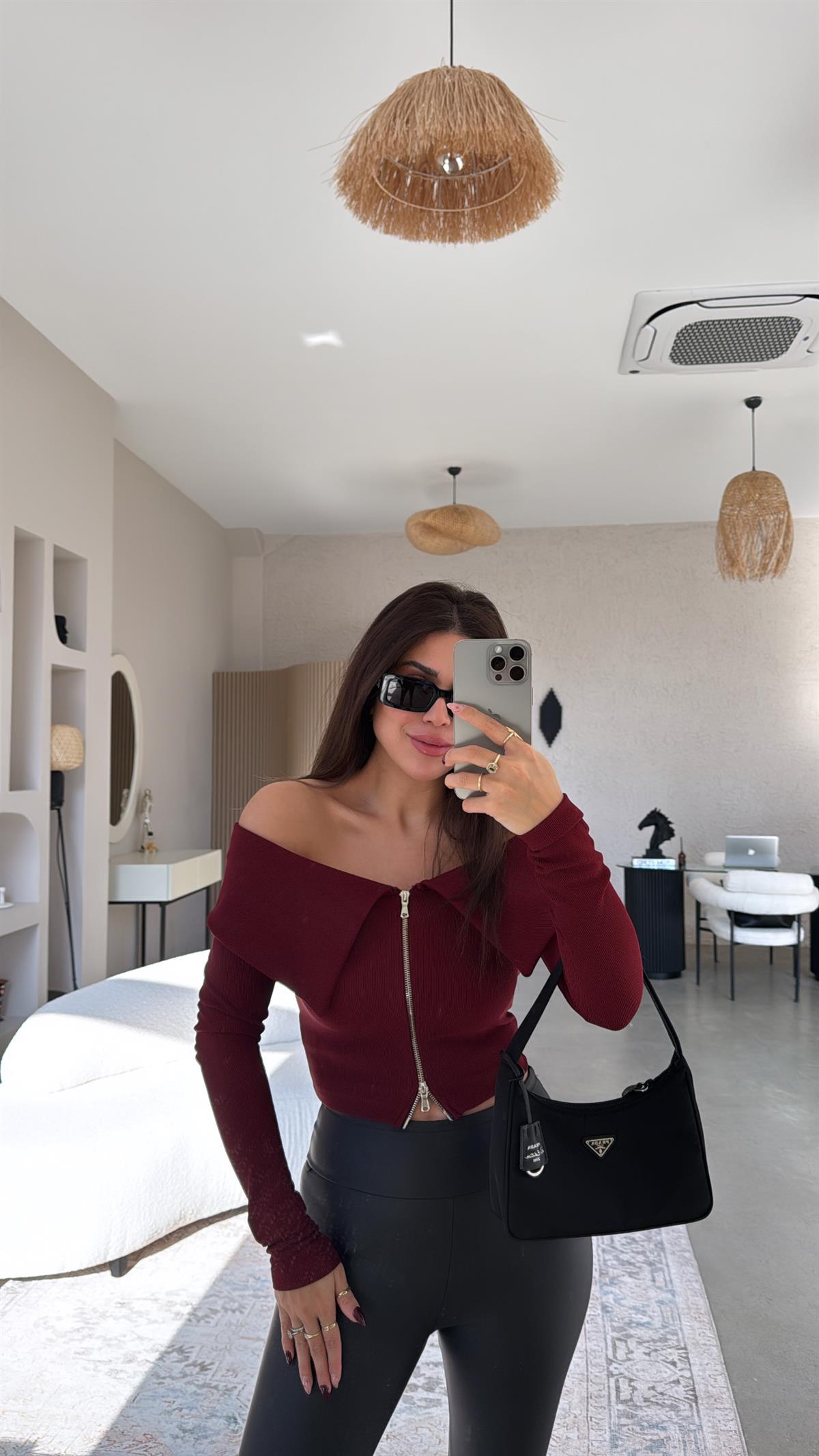 Bordo Fermuar Detaylı Madonna Bluz