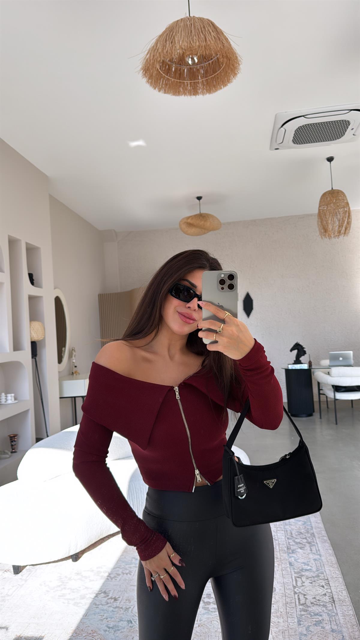 Bordo Fermuar Detaylı Madonna Bluz