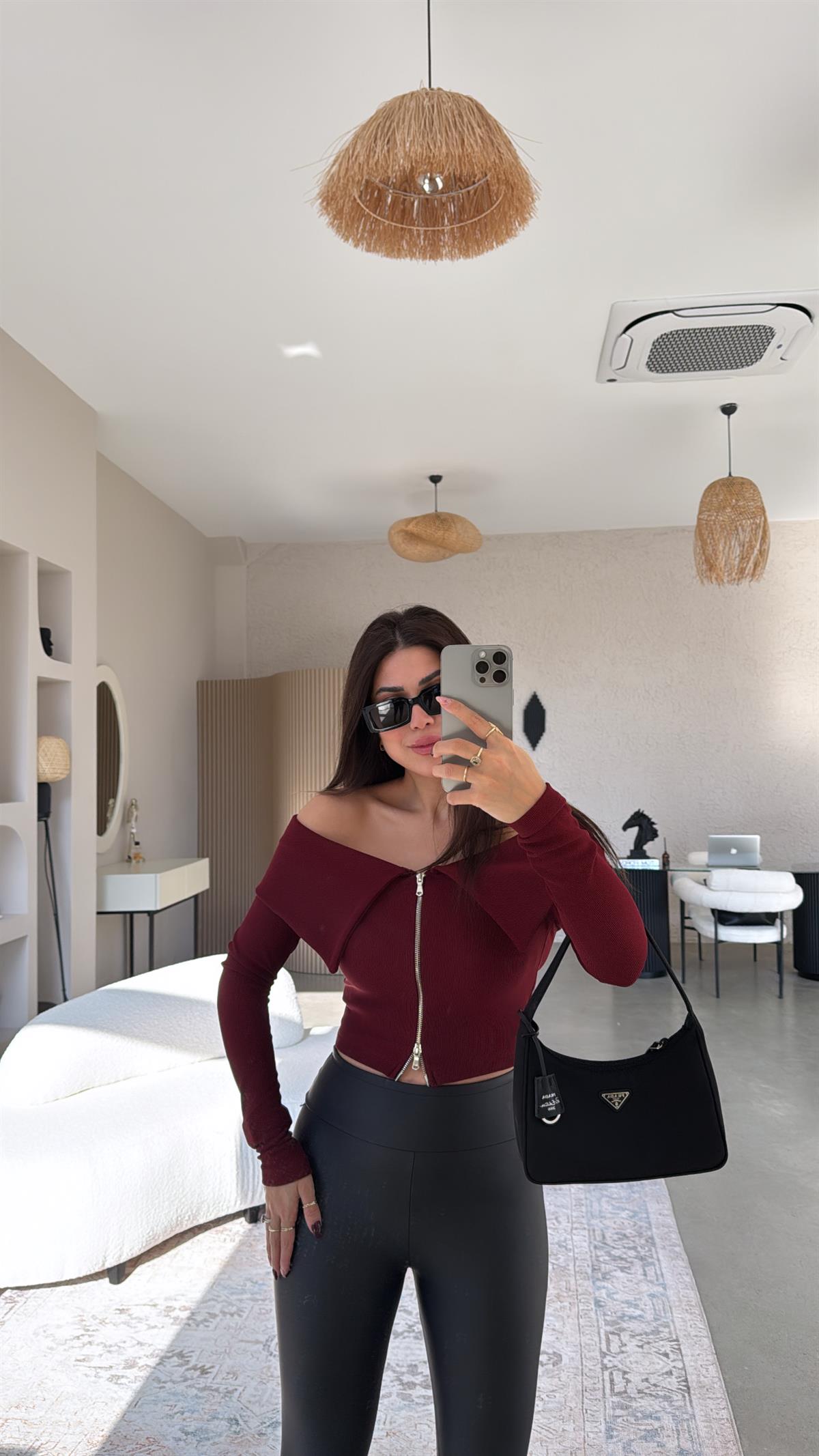 Bordo Fermuar Detaylı Madonna Bluz