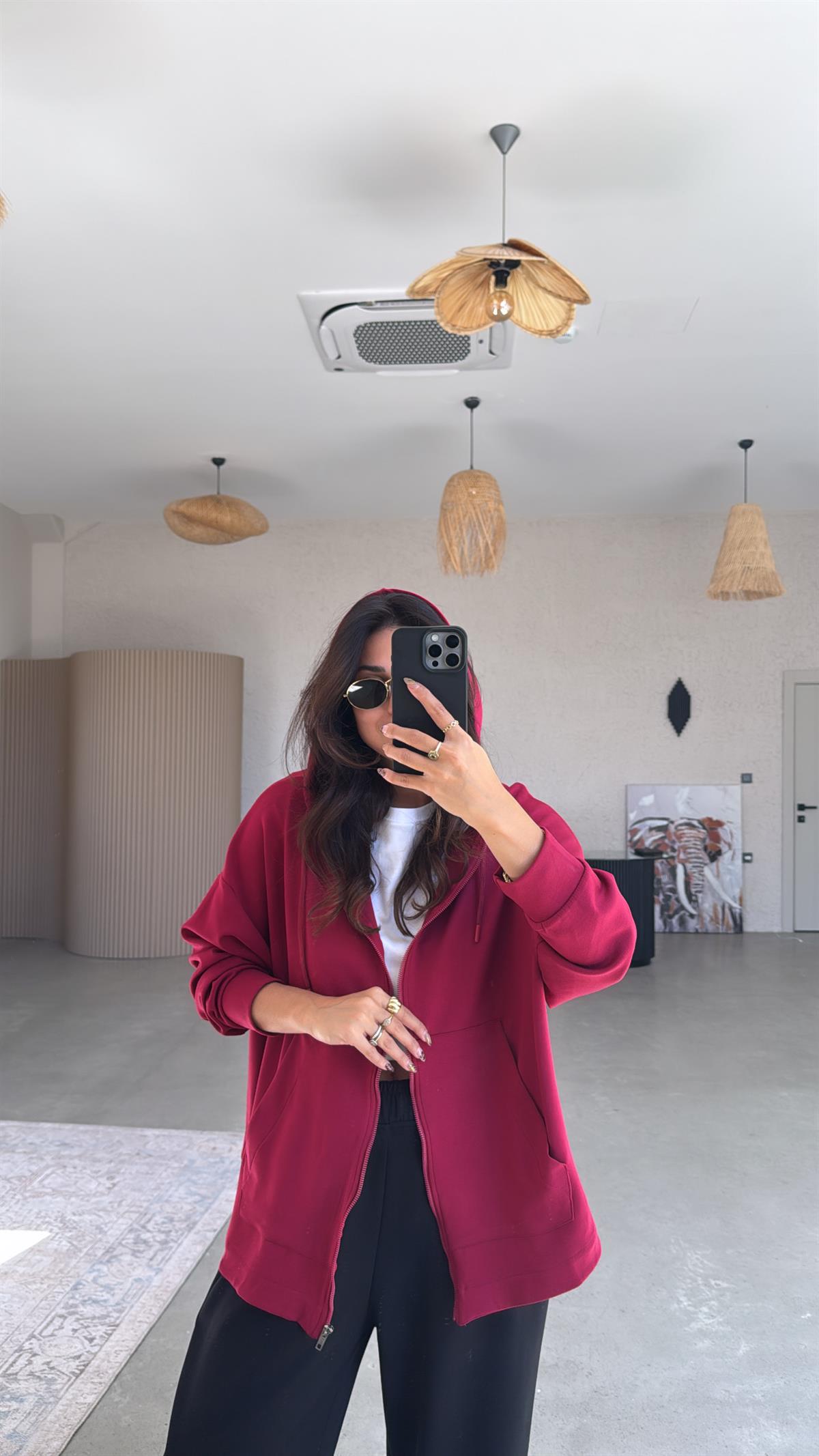 Bordo Fermuarlı Modal Hoodie
