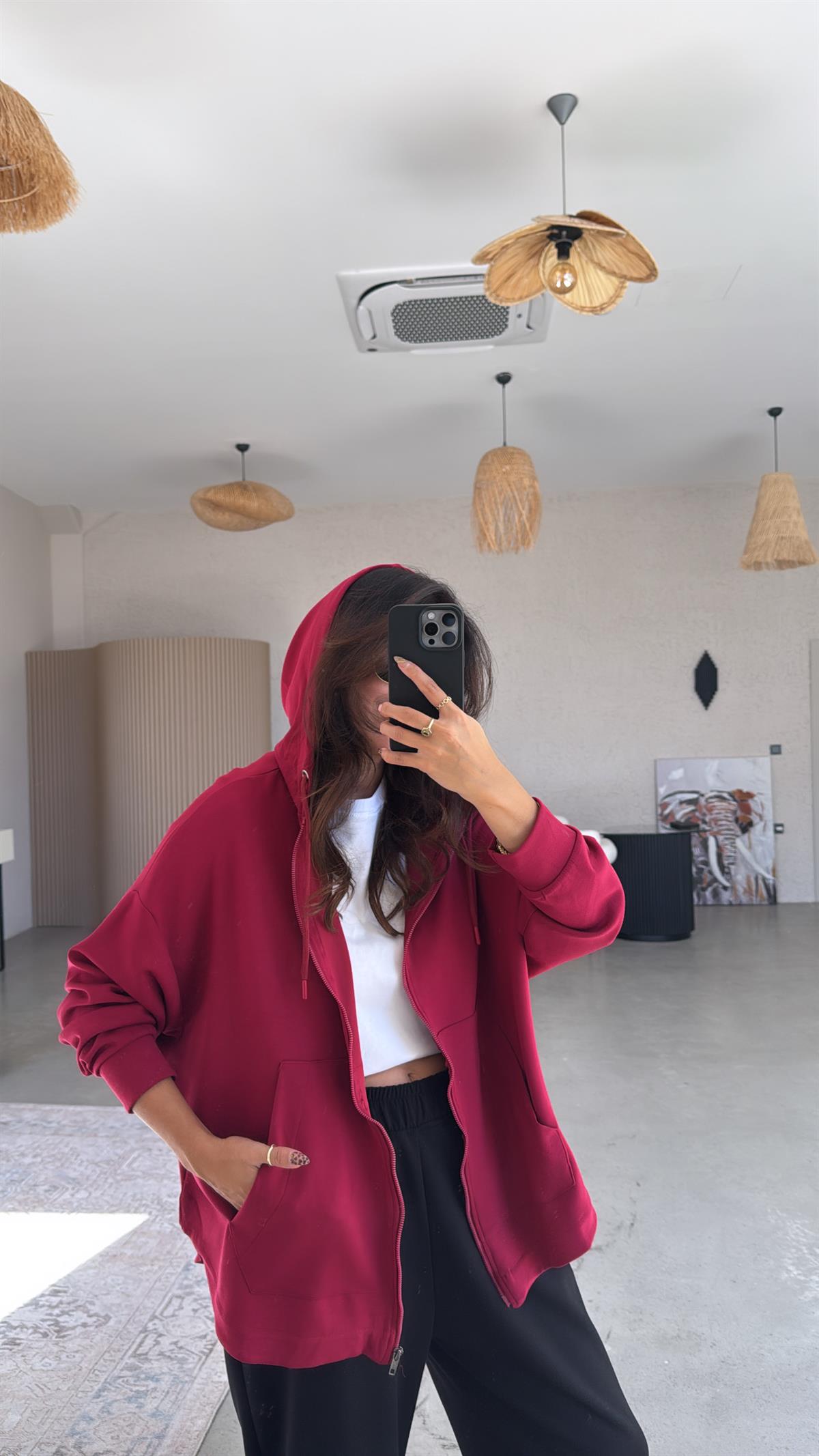 Bordo Fermuarlı Modal Hoodie