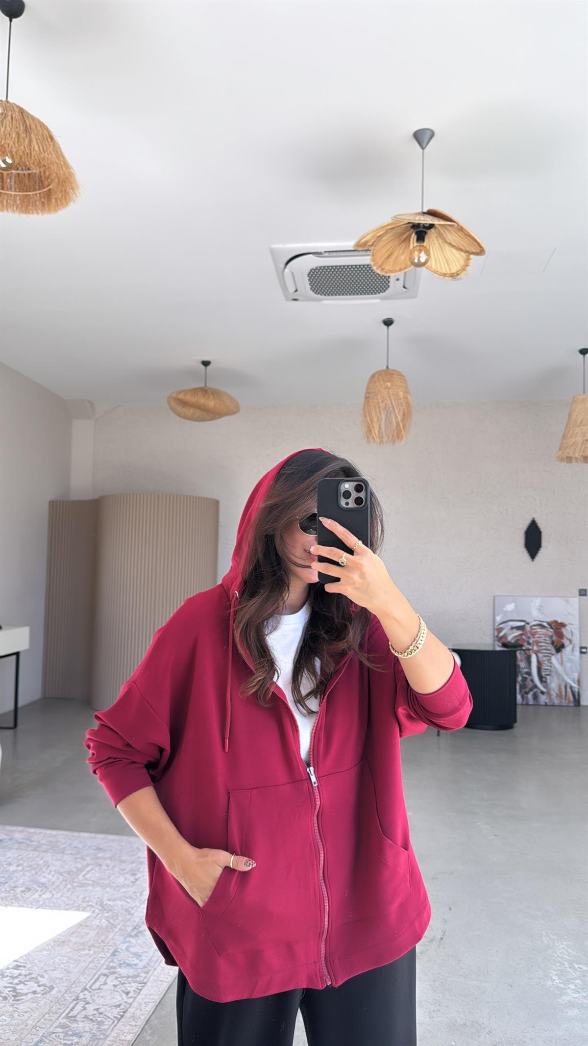 Bordo Fermuarlı Modal Hoodie