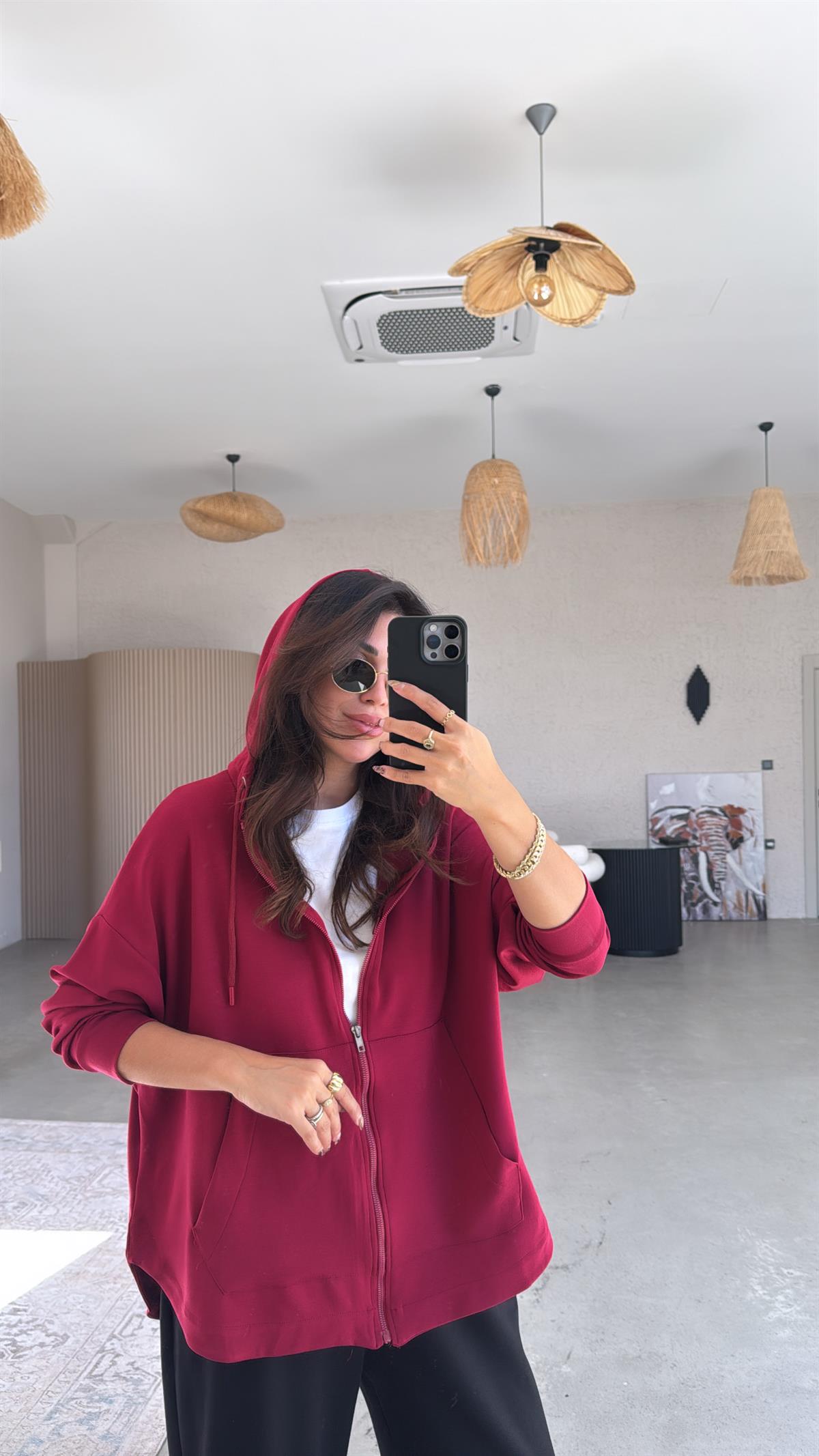 Bordo Fermuarlı Modal Hoodie