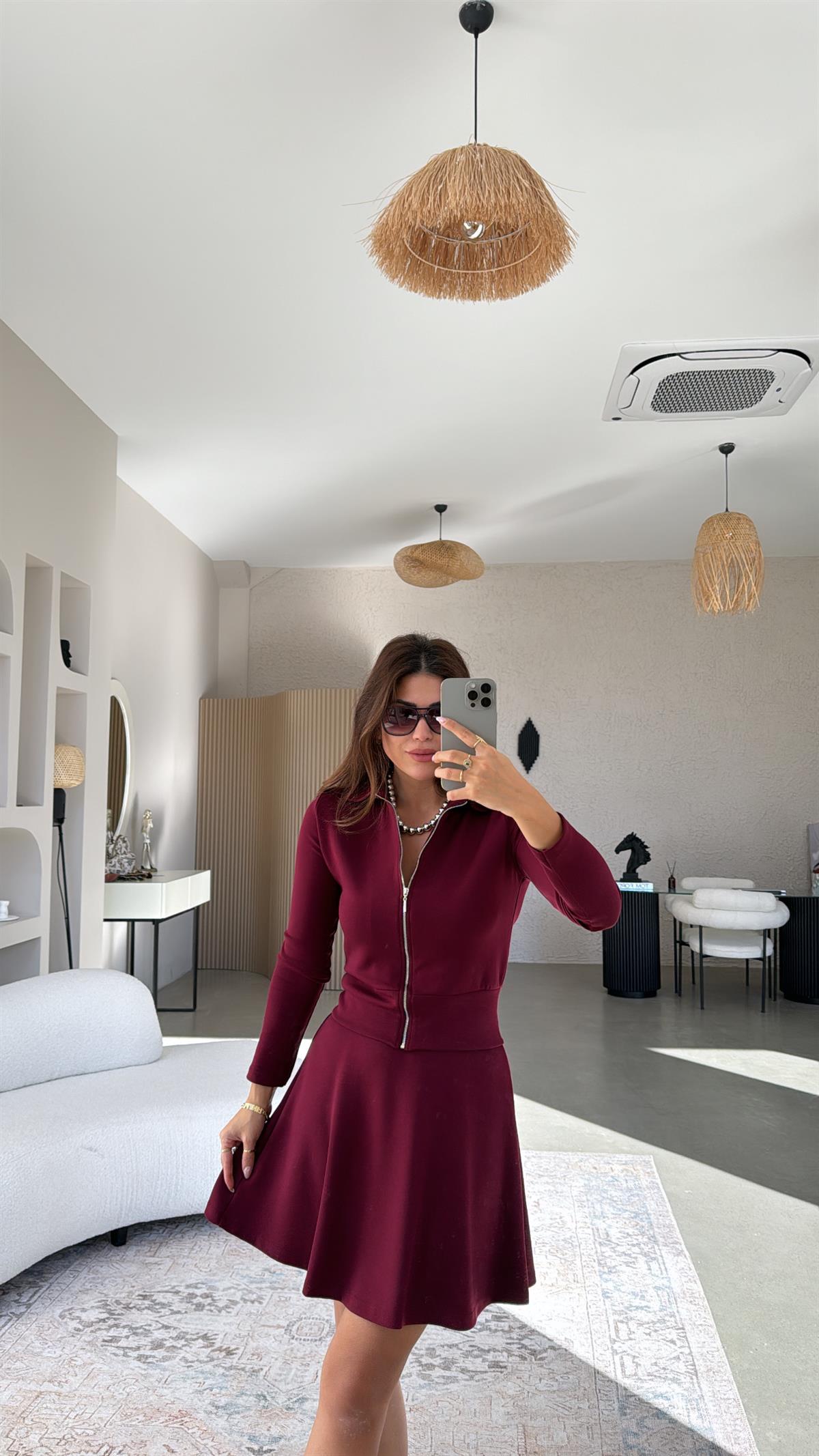 Bordo Fermuarlı Modal Mini Etekli Takım