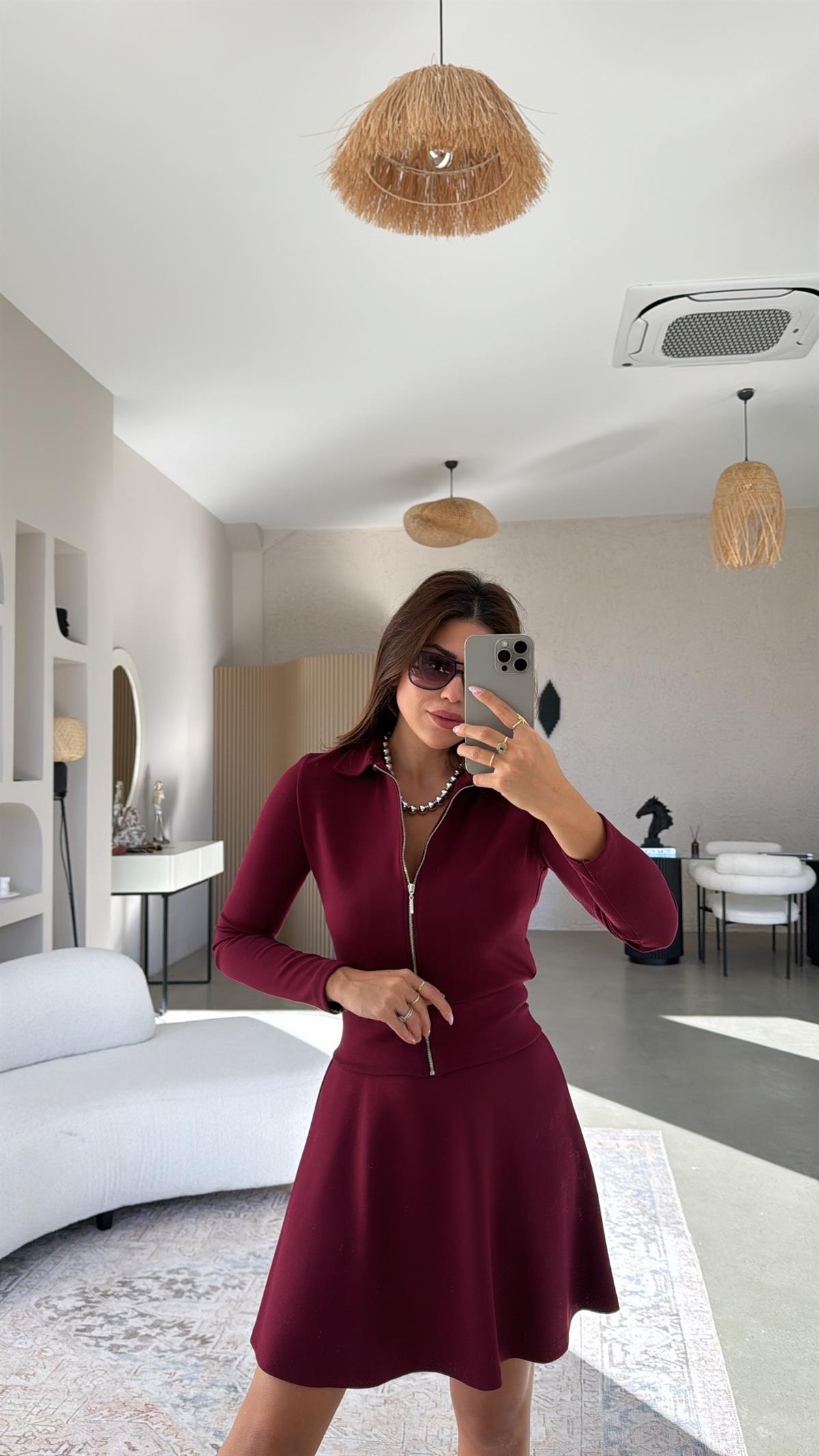 Bordo Fermuarlı Modal Mini Etekli Takım