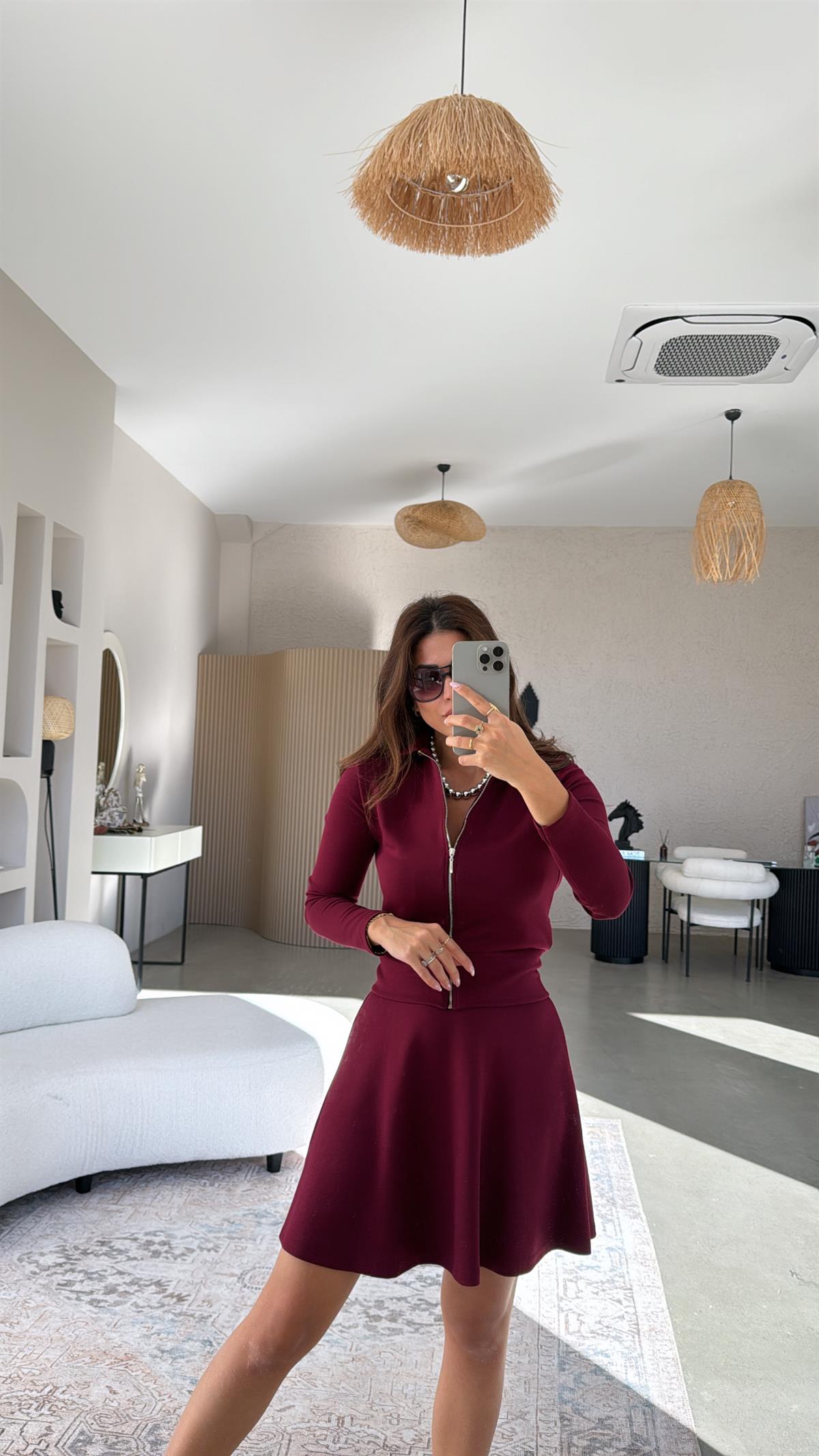 Bordo Fermuarlı Modal Mini Etekli Takım