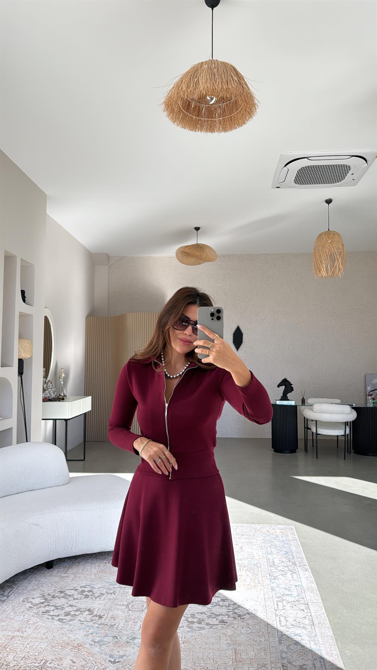 Bordo Fermuarlı Modal Mini Etekli Takım