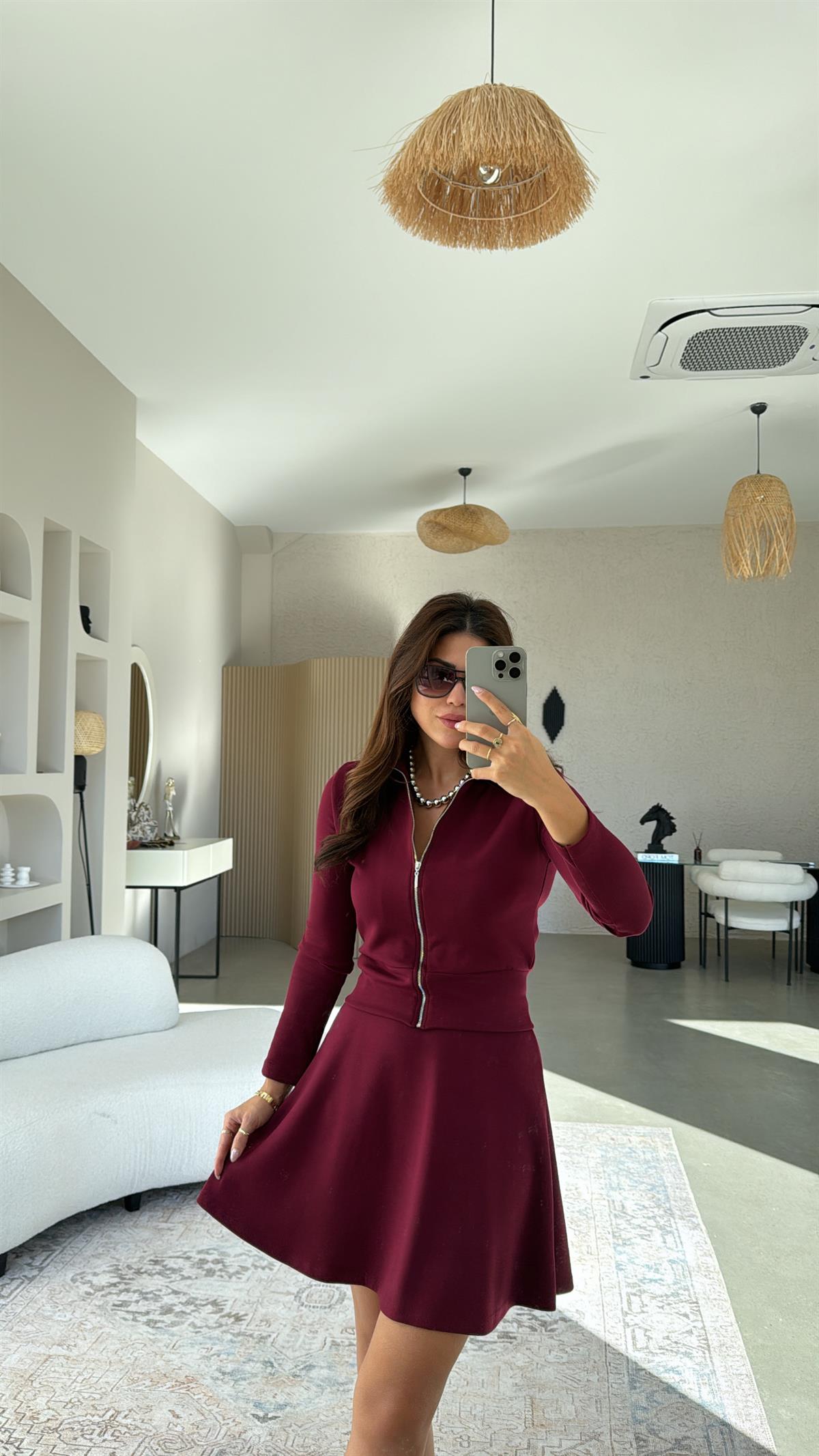 Bordo Fermuarlı Modal Mini Etekli Takım