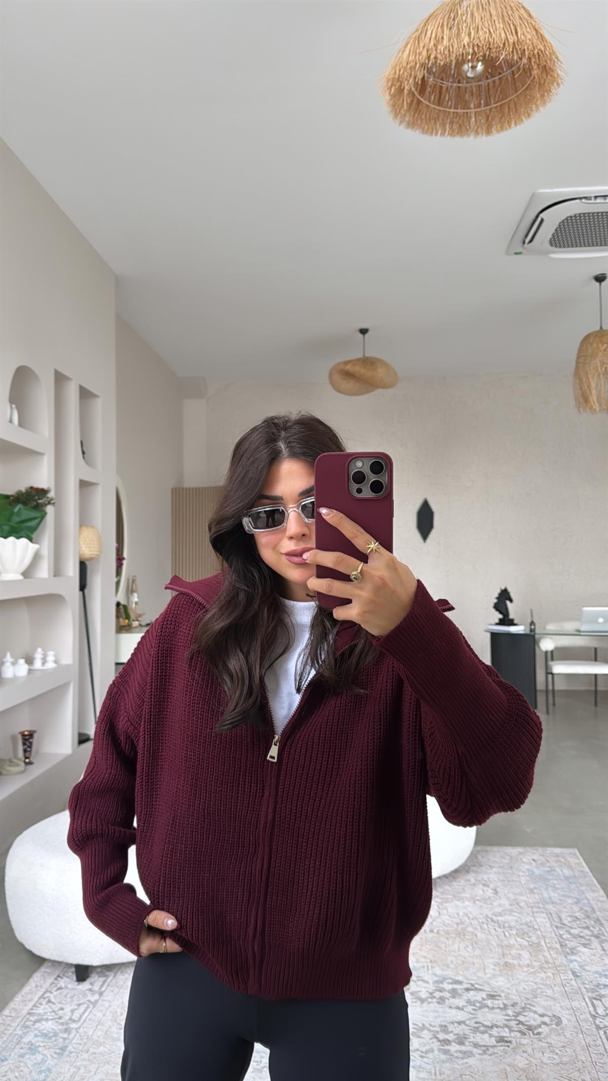 Bordo Fermuarlı Selanik Hırka