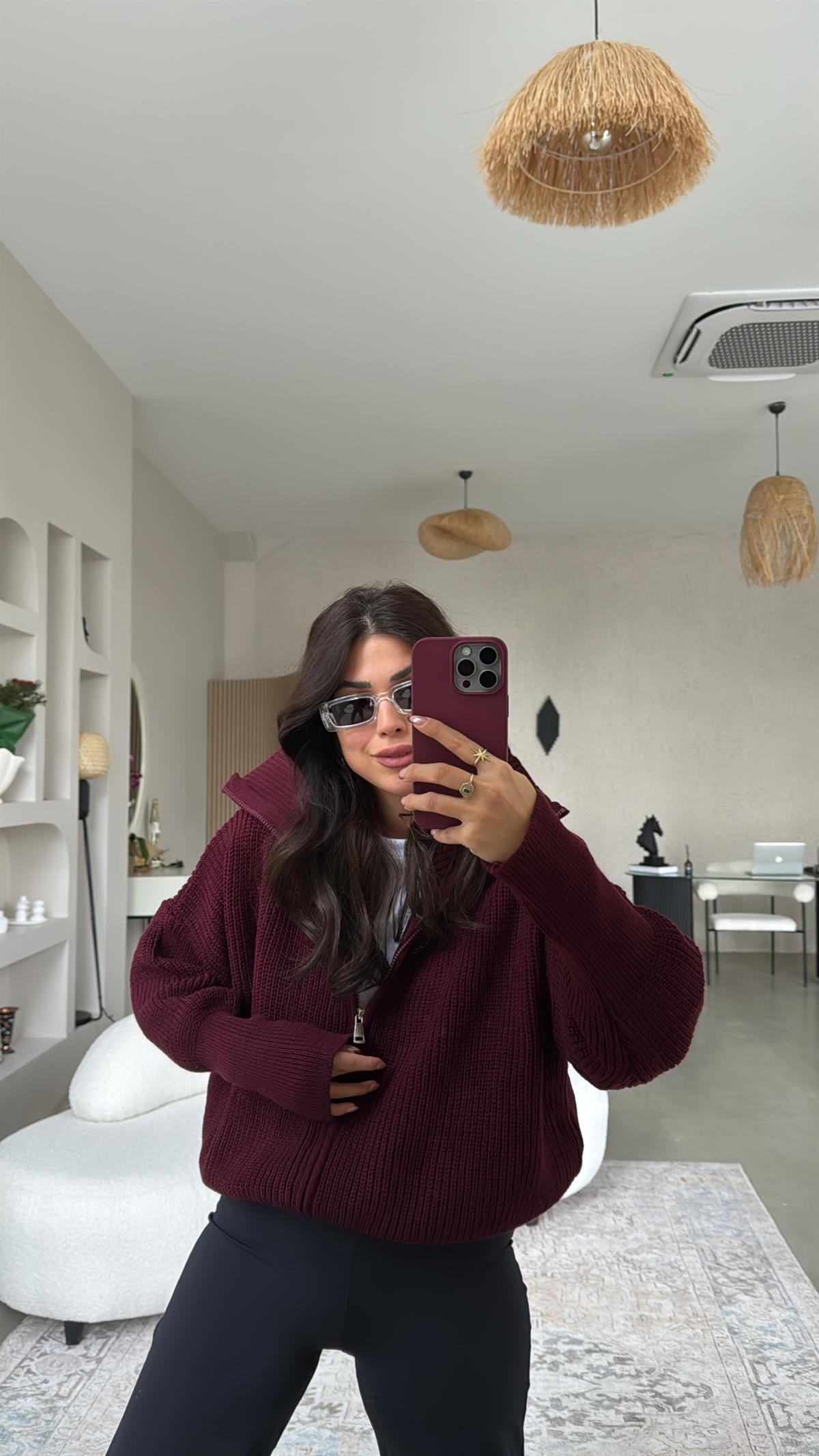 Bordo Fermuarlı Selanik Hırka