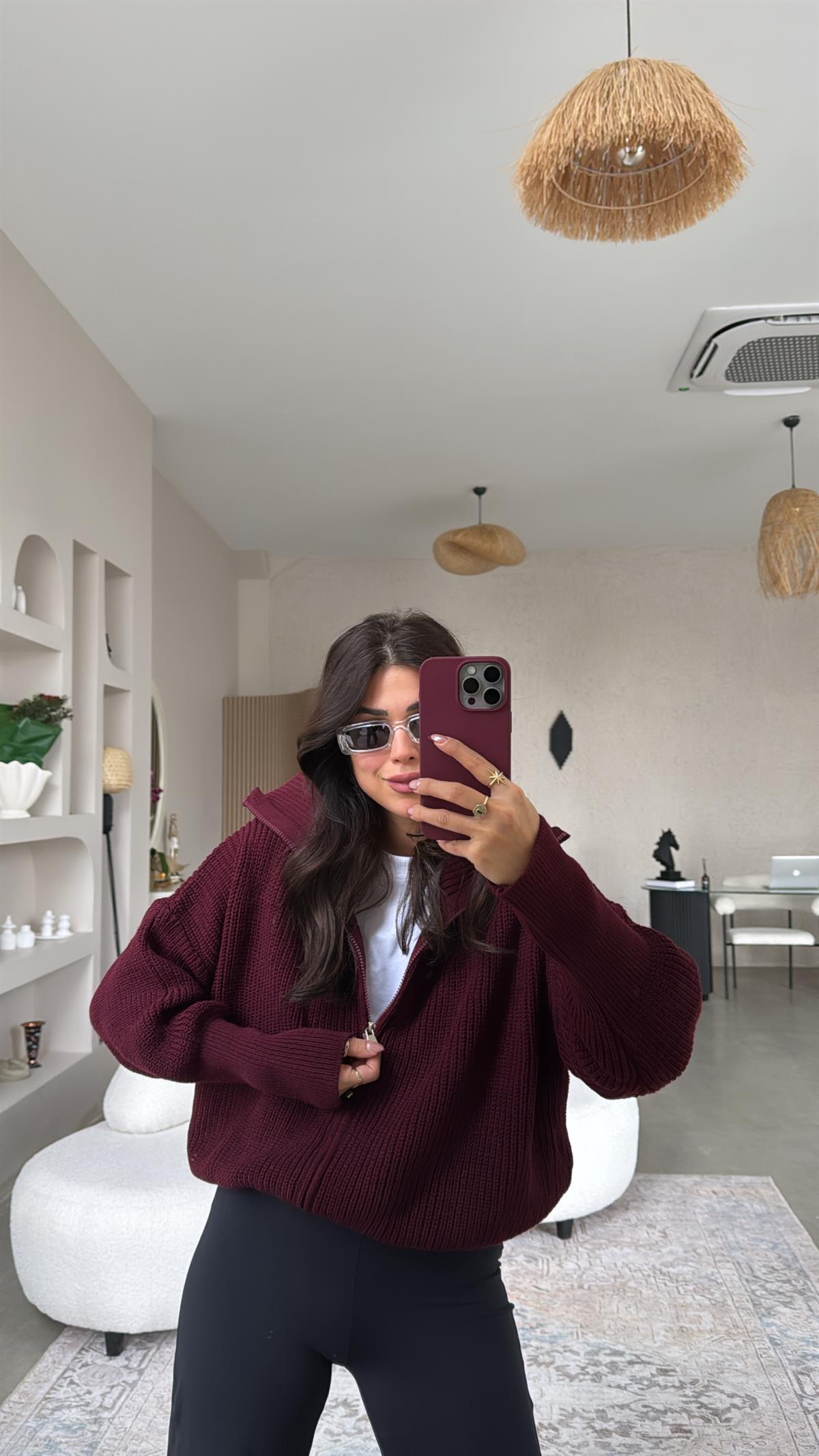 Bordo Fermuarlı Selanik Hırka