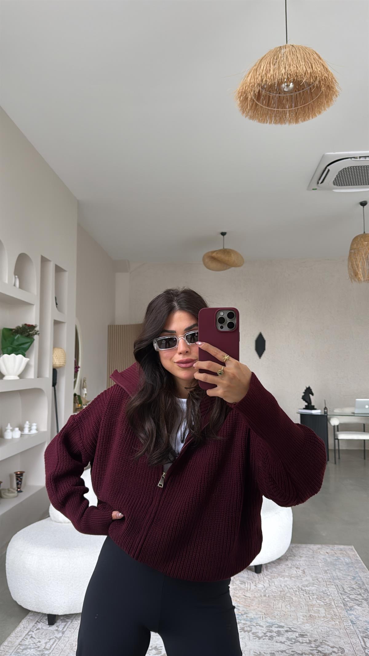 Bordo Fermuarlı Selanik Hırka