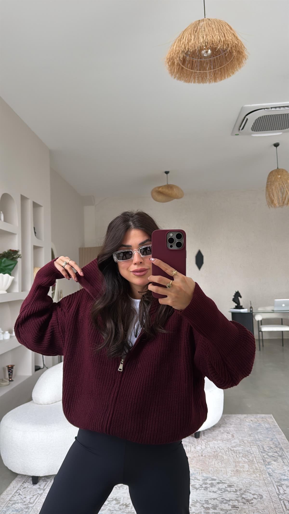 Bordo Fermuarlı Selanik Hırka