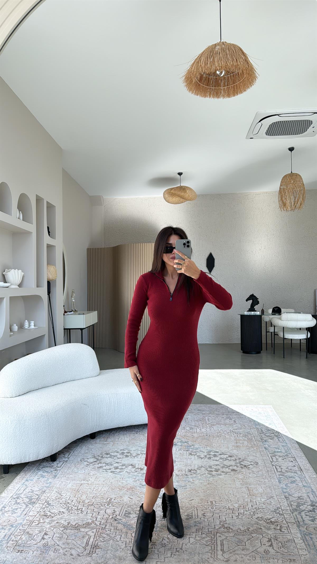 Bordo Fermuarlı Triko Kalem Elbise