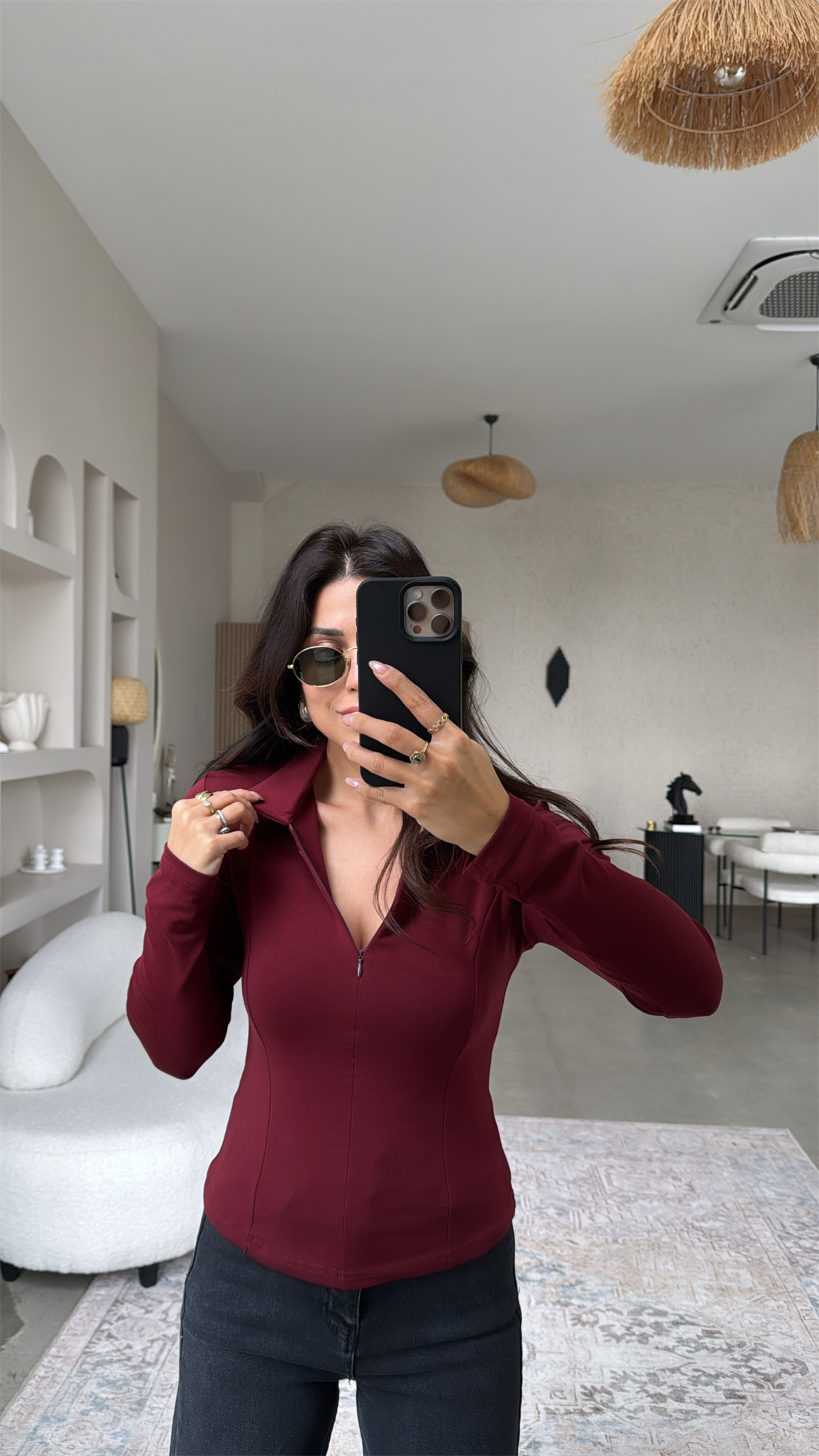 Bordo Fermuarlı Yakalı Modal Bluz