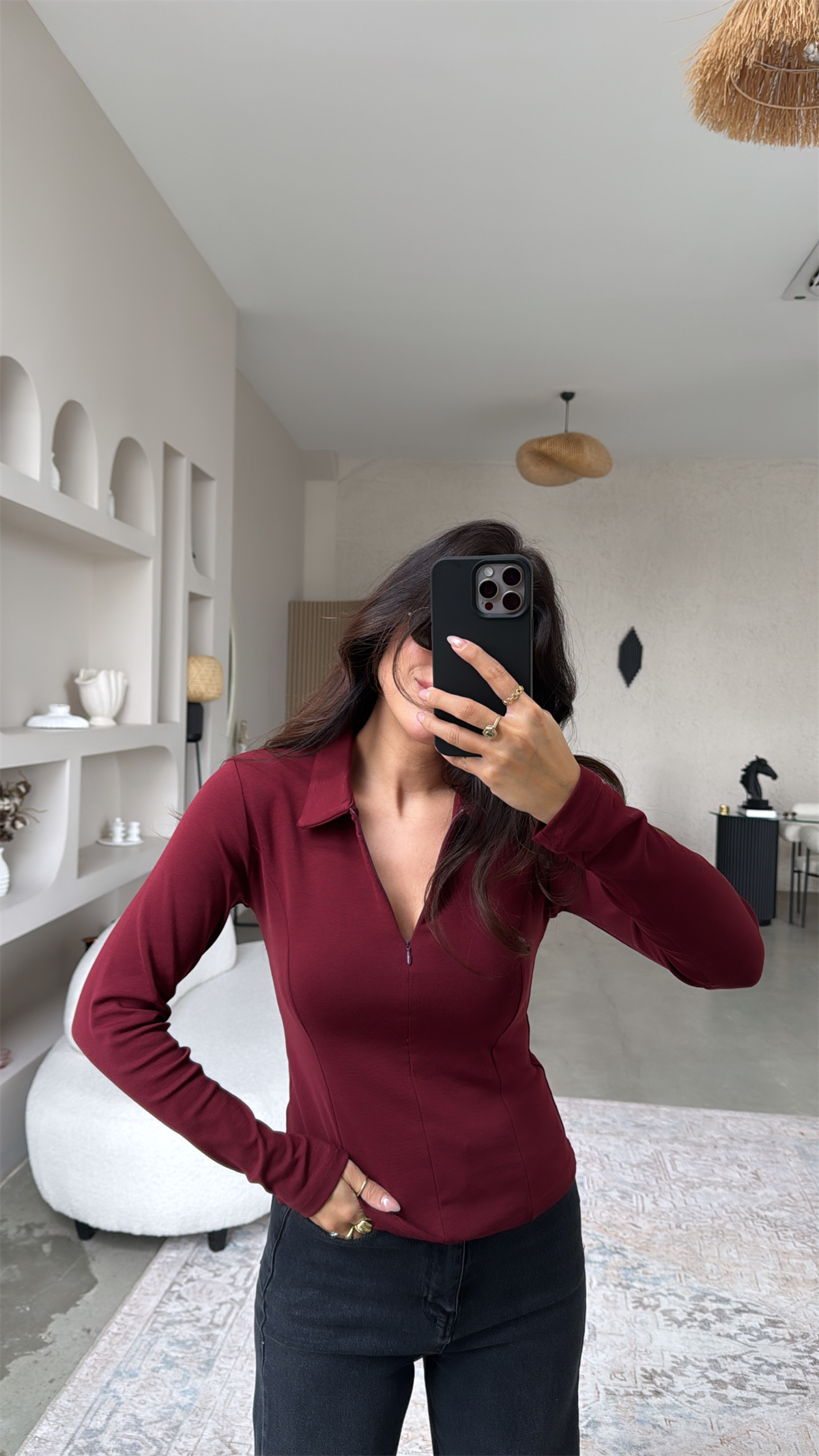 Bordo Fermuarlı Yakalı Modal Bluz