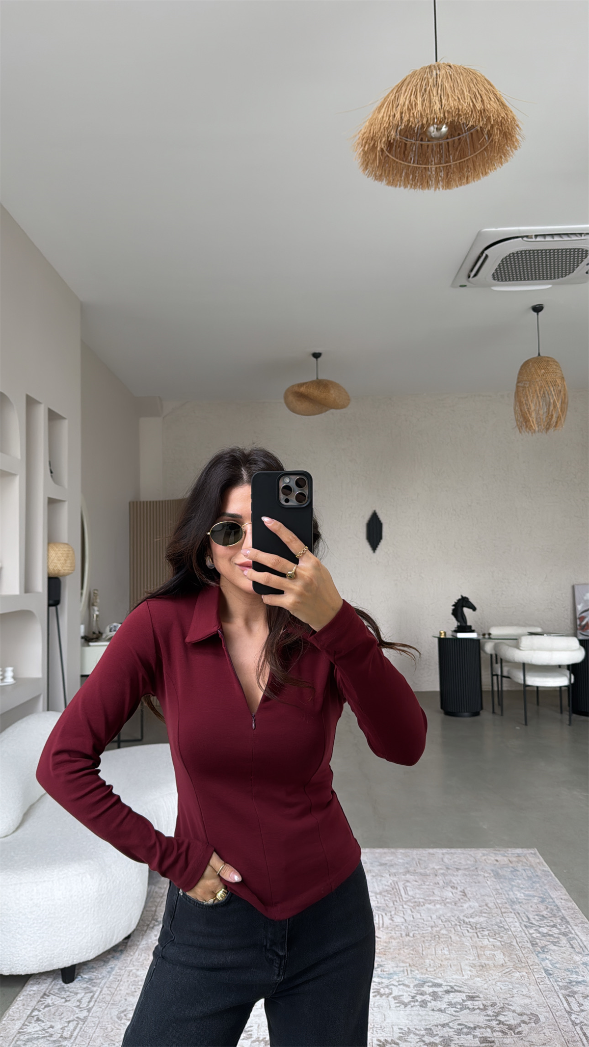 Bordo Fermuarlı Yakalı Modal Bluz