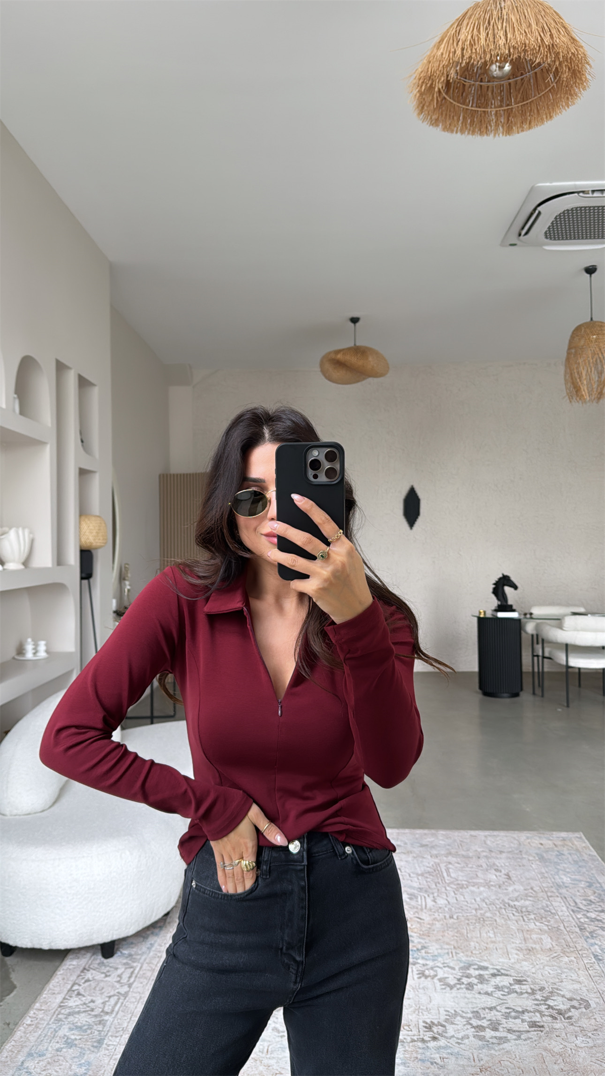 Bordo Fermuarlı Yakalı Modal Bluz