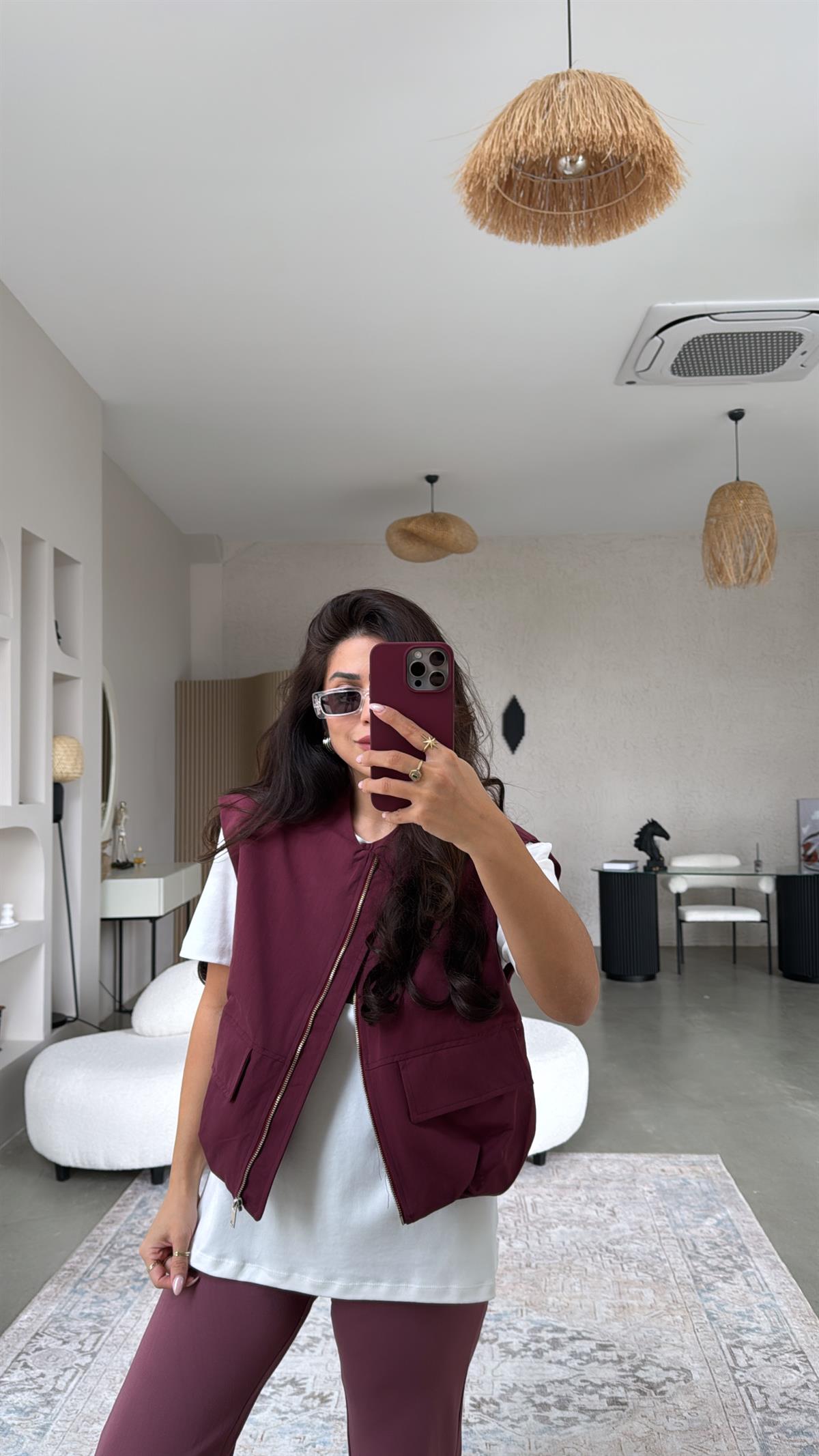 Bordo Fermuarlı Yelek