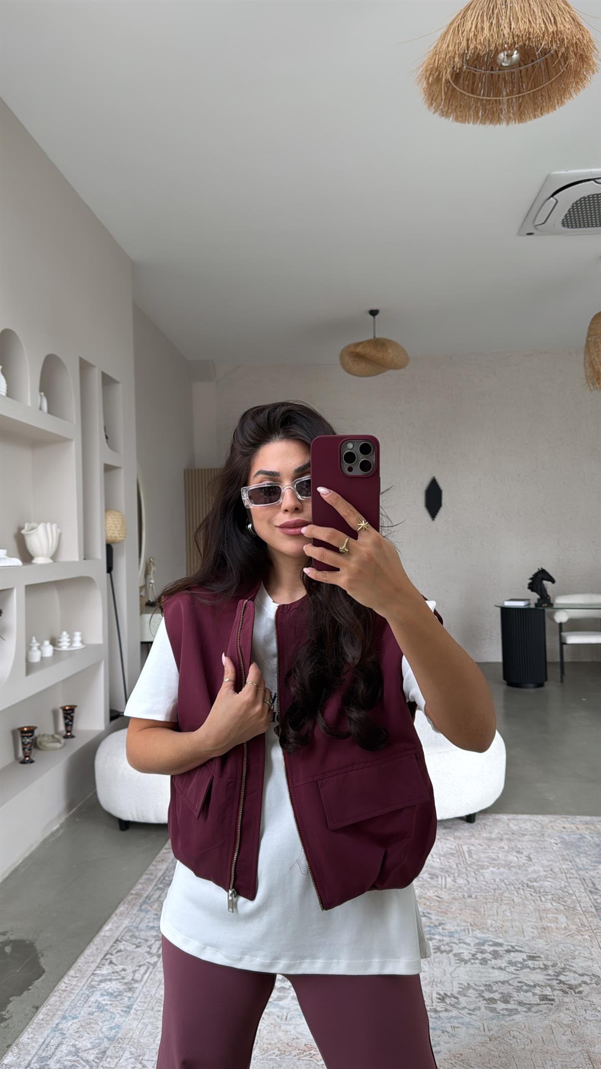 Bordo Fermuarlı Yelek